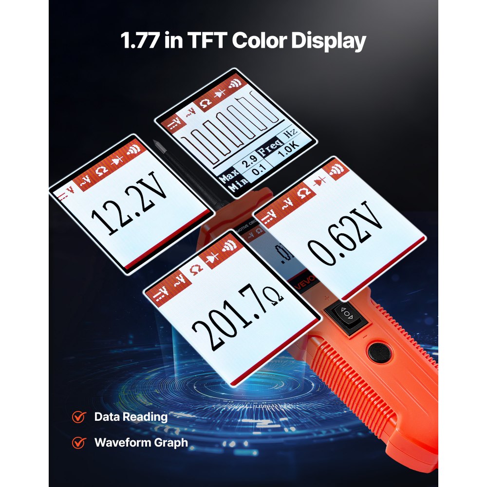 VEVOR Comprobador de Circuitos Automotrices, 8-35 DCV, con Sonda de Circuito, Pantalla TFT a Color e Iluminación, con Cable de Extensión 6 m y Estuche de Transporte, a Automóviles, Camionetas