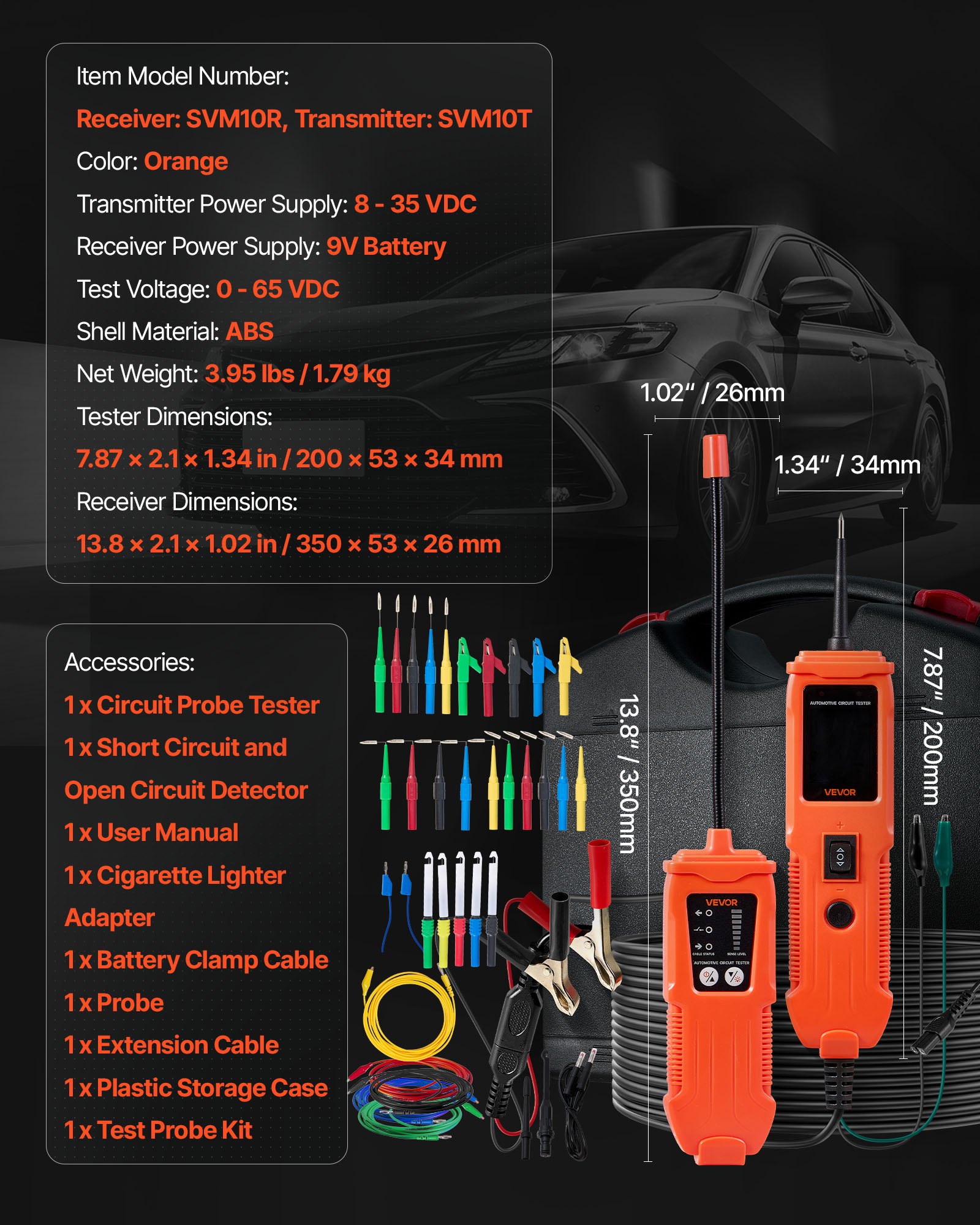 VEVOR Comprobador de Circuitos Automotrices, 8-35 DCV, con Sonda de Circuito, Pantalla TFT a Color e Iluminación, con Cable de Extensión 6 m y Estuche de Transporte, a Automóviles, Camionetas