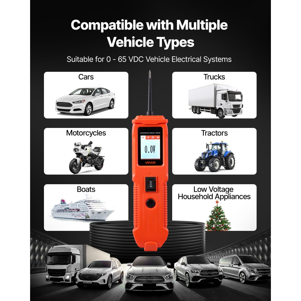 VEVOR Comprobador de Circuitos Automotrices, 8-35 DCV, con Sonda de Circuito, Pantalla TFT a Color e Iluminación, Comprobador de Voltaje con Cable de 4 m y Carcasa ABS, 200 x 53 x 34 mm, Naranja