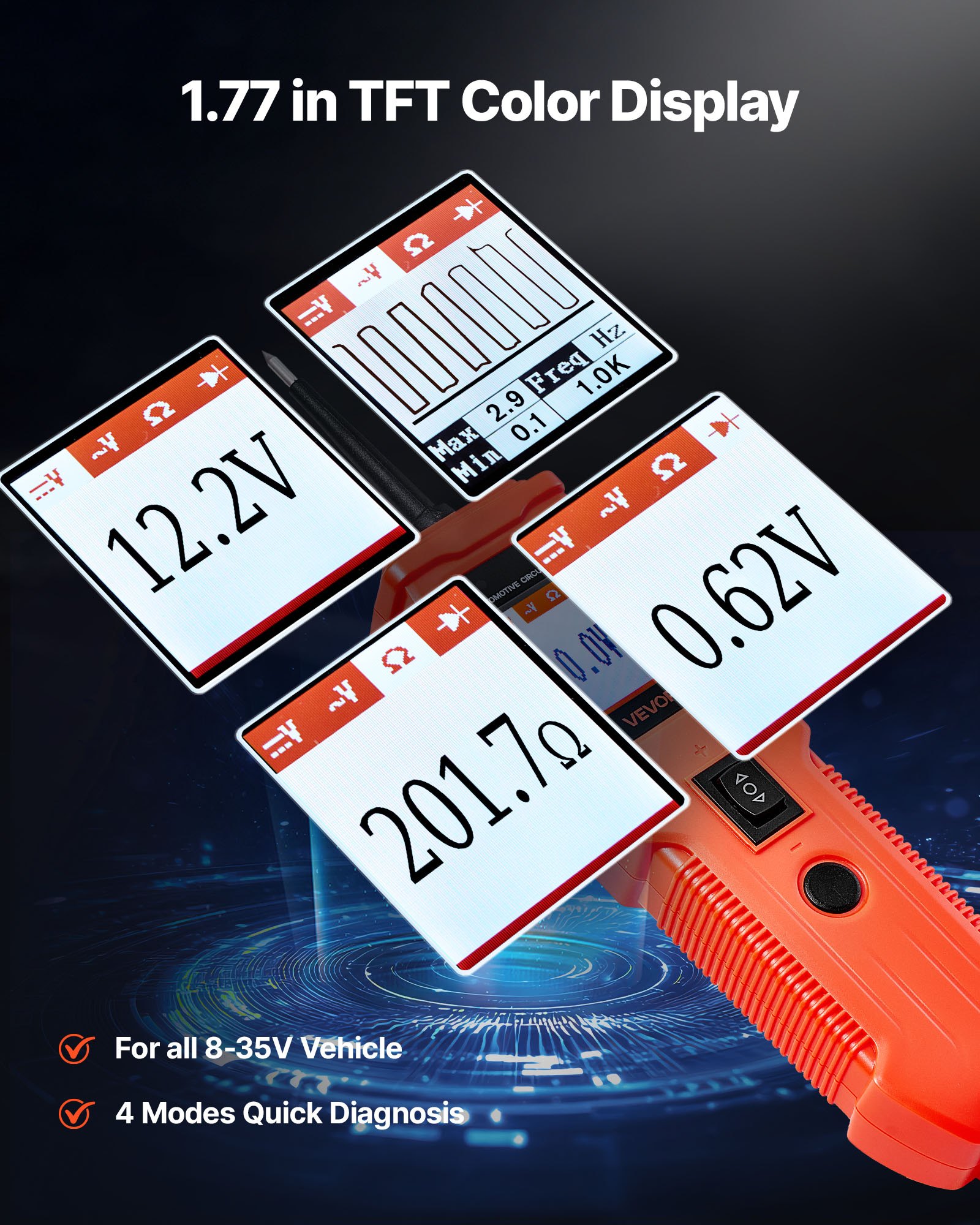 VEVOR Comprobador de Circuitos Automotrices, 8-35 DCV, con Sonda de Circuito, Pantalla TFT a Color e Iluminación, Comprobador de Voltaje con Cable de 4 m y Carcasa ABS, 200 x 53 x 34 mm, Naranja