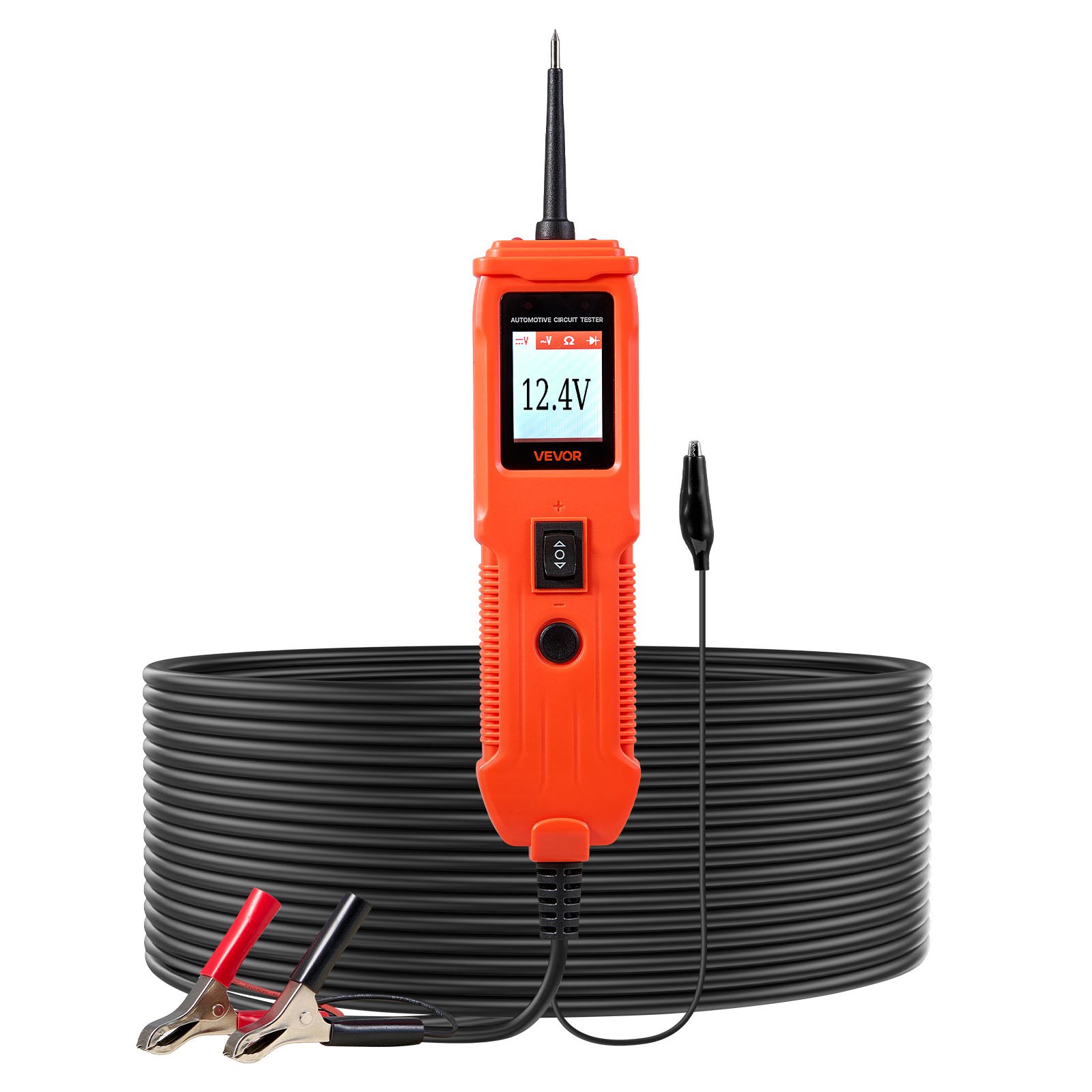 VEVOR Comprobador de Circuitos Automotrices, 8-35 DCV, con Sonda de Circuito, Pantalla TFT a Color e Iluminación, Comprobador de Voltaje con Cable de 4 m y Carcasa ABS, 200 x 53 x 34 mm, Naranja