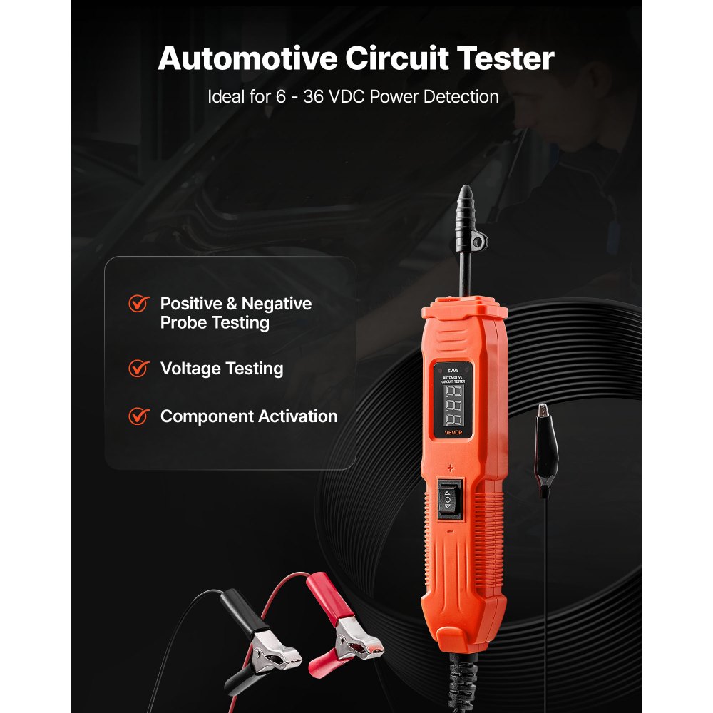 VEVOR Comprobador de Circuitos Automotrices, con Sonda de Circuito, Pantalla LED e Iluminación, Comprobador de Voltaje de 6-36 DCV con Cable de 4 m y Estuche ABS, 240 x 40 x 33 mm, Color Naranja
