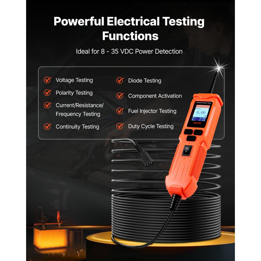 VEVOR Comprobador de Circuitos Automotrices, 8-35 DCV, Sonda de Circuito, Pantalla TFT a Color e Iluminación, con Cable de 6 m y Estuche de Transporte, Detector Eléctrico 2 en 1, 207 x 55 x 37 mm