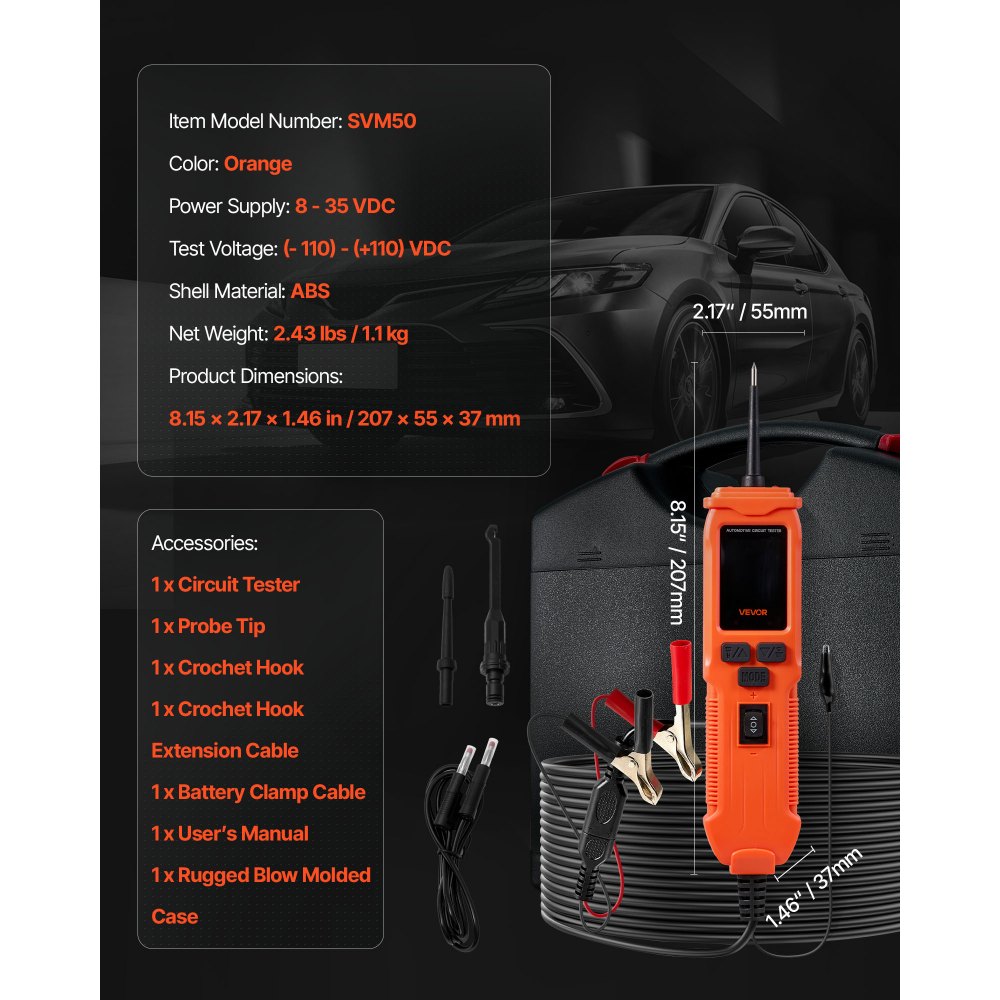 VEVOR Comprobador de Circuitos Automotrices, 8-35 DCV, Sonda de Circuito, Pantalla TFT a Color e Iluminación, con Cable de 6 m y Estuche de Transporte, Detector Eléctrico 2 en 1, 207 x 55 x 37 mm