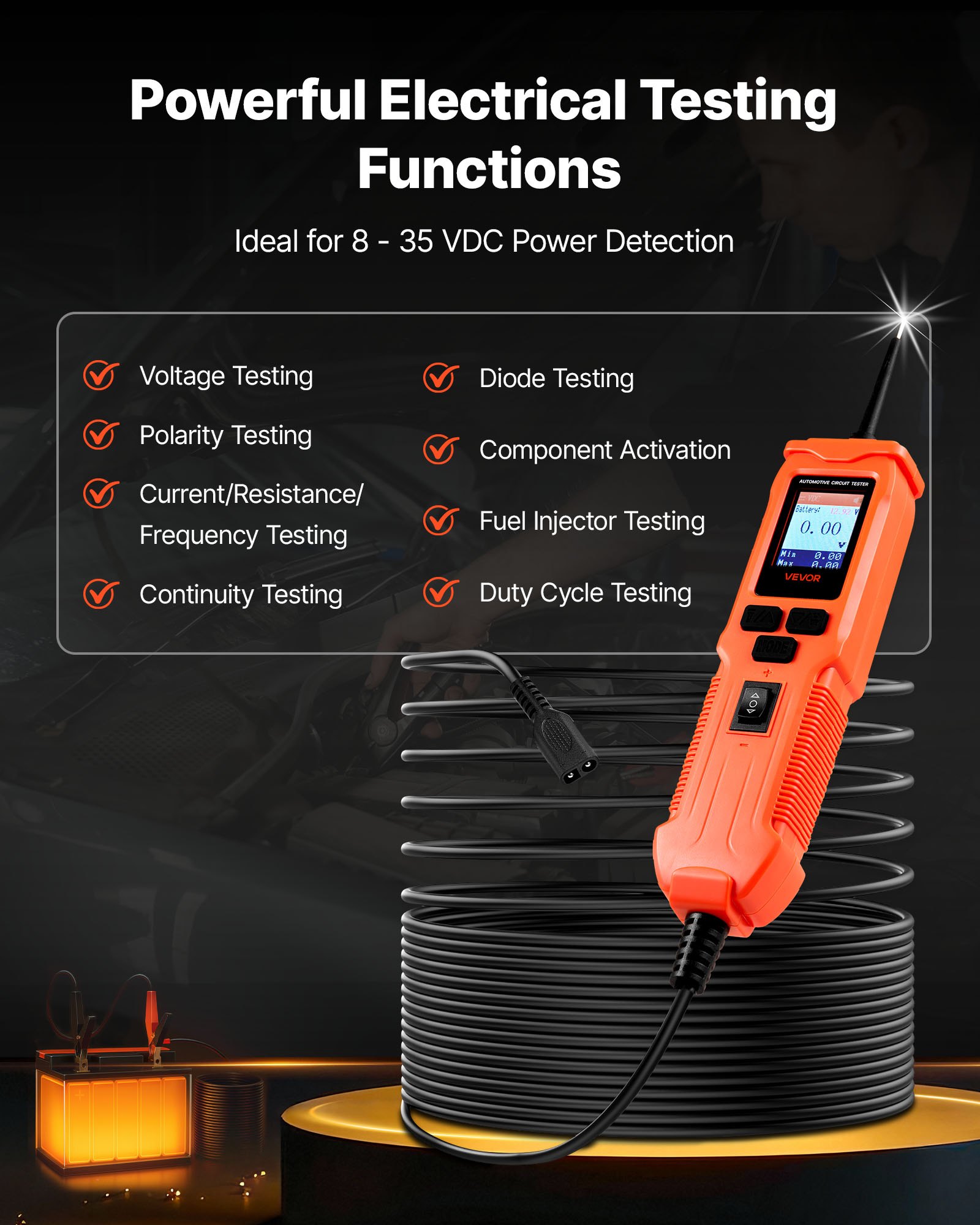 VEVOR Comprobador de Circuitos Automotrices, 8-35 DCV, Sonda de Circuito, Pantalla TFT a Color e Iluminación, con Cable de 6 m y Estuche de Transporte, Detector Eléctrico 2 en 1, 207 x 55 x 37 mm