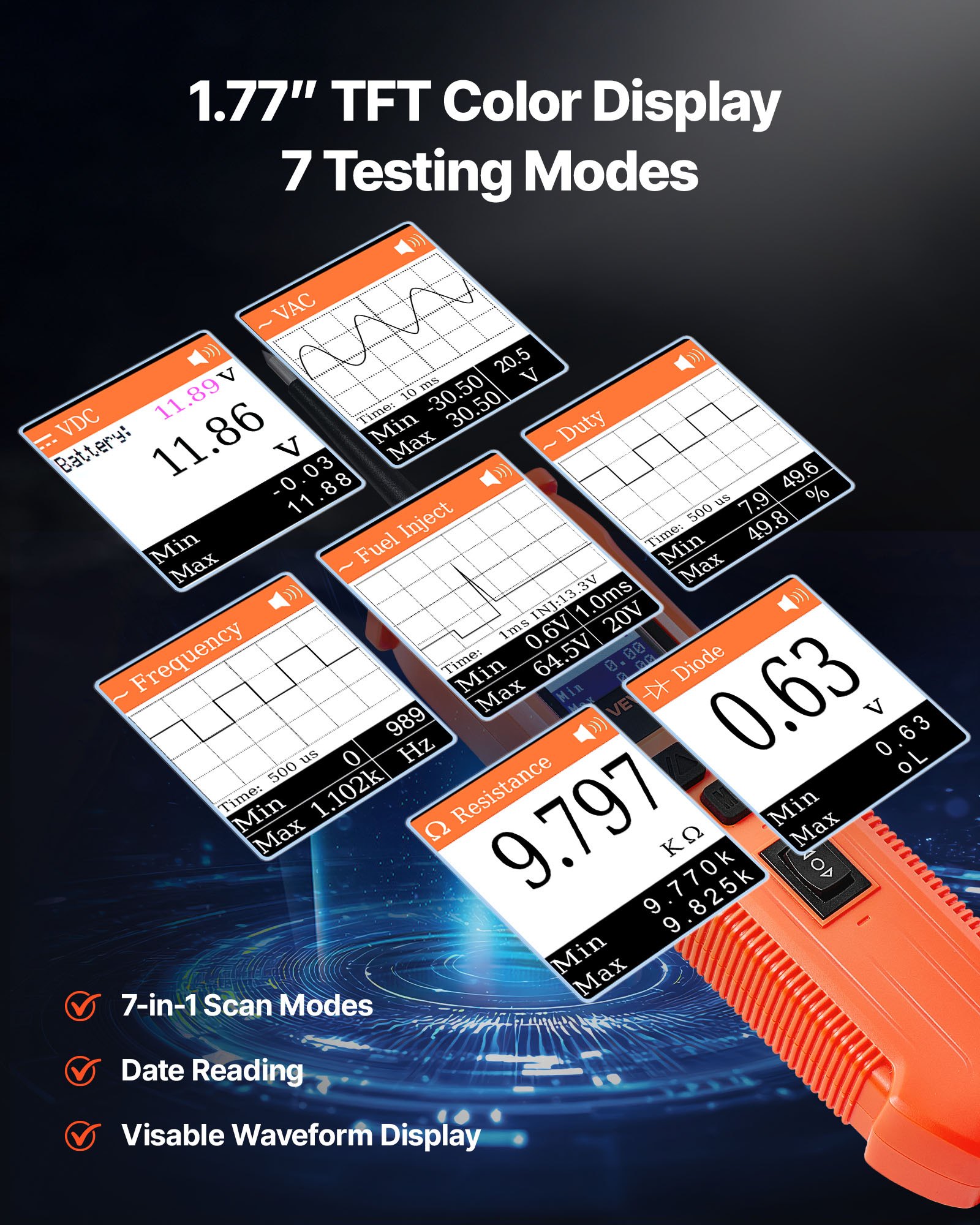 VEVOR Comprobador de Circuitos Automotrices, 8-35 DCV, Sonda de Circuito, Pantalla TFT a Color e Iluminación, con Cable de 6 m y Estuche de Transporte, Detector Eléctrico 2 en 1, 207 x 55 x 37 mm
