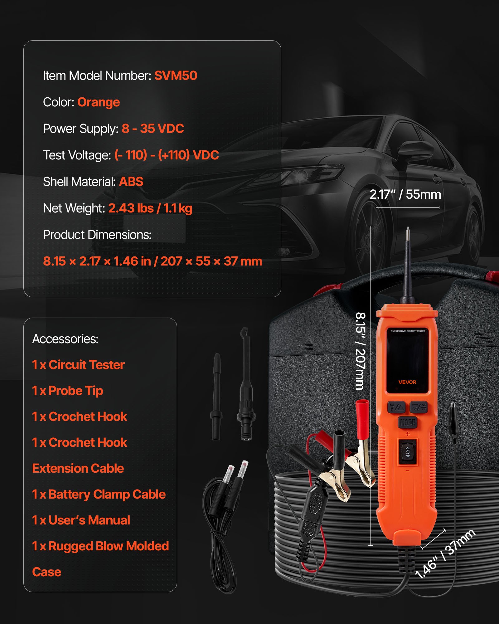 VEVOR Comprobador de Circuitos Automotrices, 8-35 DCV, Sonda de Circuito, Pantalla TFT a Color e Iluminación, con Cable de 6 m y Estuche de Transporte, Detector Eléctrico 2 en 1, 207 x 55 x 37 mm