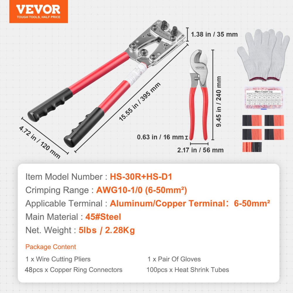 VEVOR Alicates para Prensar de Aluminio de Cobre 6/10/16/25/35/50 mm² Herramienta para Prensar Enchufes de Cable de Batería AWG10-1/0 con Cortador de Cable 6 tamaños 95 Conectores Anillo de Cobre