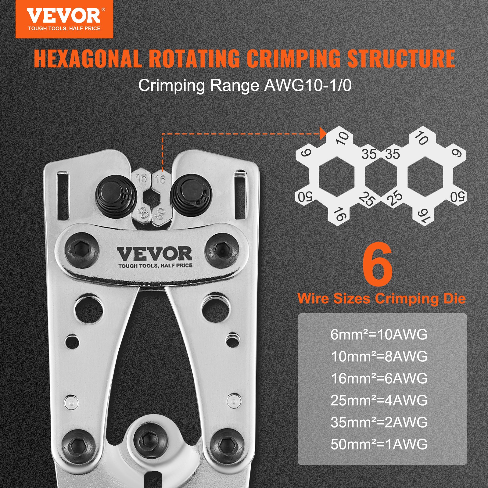 VEVOR Alicates para Prensar de Aluminio de Cobre 6/10/16/25/35/50 mm² Herramienta para Prensar Enchufes de Cable de Batería AWG10-1/0 con Cortador de Cable 6 tamaños 95 Conectores Anillo de Cobre