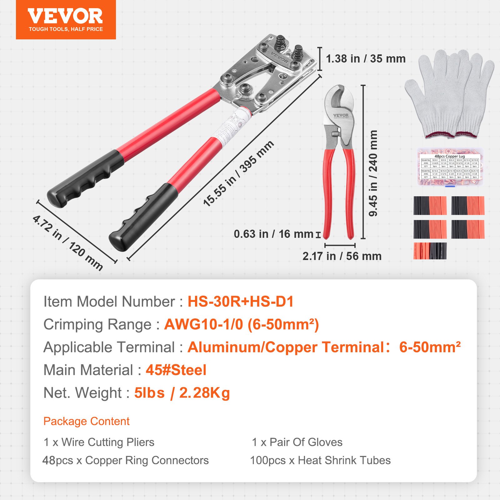 VEVOR Alicates para Prensar de Aluminio de Cobre 6/10/16/25/35/50 mm² Herramienta para Prensar Enchufes de Cable de Batería AWG10-1/0 con Cortador de Cable 6 tamaños 95 Conectores Anillo de Cobre