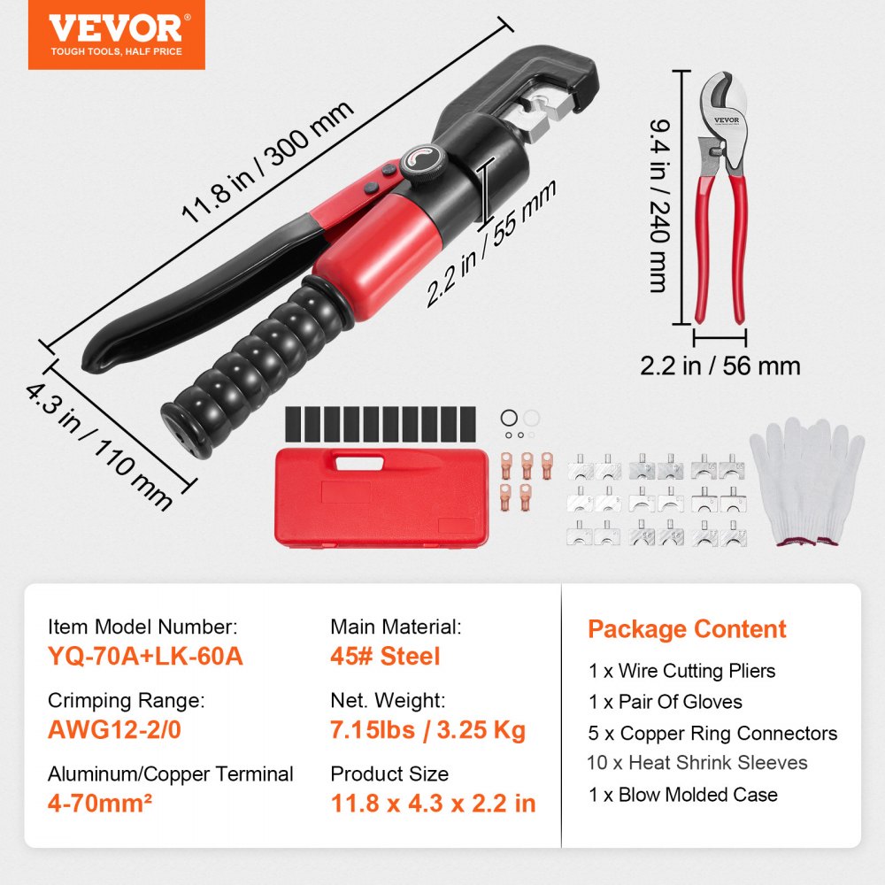 VEVOR Alicates de Corte 4-70 mm² Herramienta de Corte Hidráulico Aluminio y Cobre Cable de Batería AWG12-2/0 con Cortador de Cable Par de Guantes 50 Conectores Anillo de Cobre para Electricistas