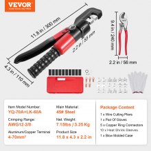 VEVOR Alicates de Corte 4-70 mm² Herramienta de Corte Hidráulico Aluminio y Cobre Cable de Batería AWG12-2/0 con Cortador de Cable Par de Guantes 50 Conectores Anillo de Cobre para Electricistas