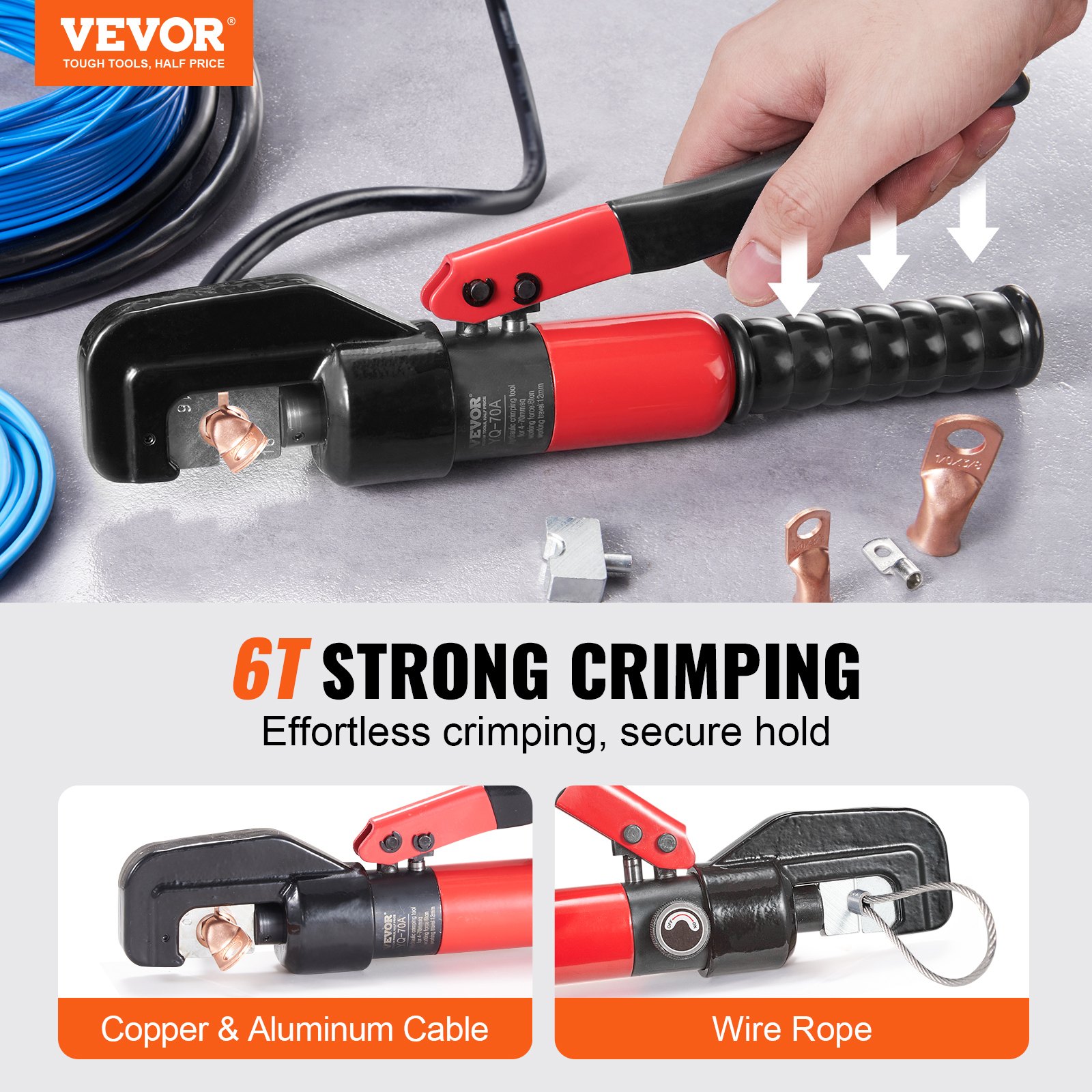 VEVOR Alicates de Corte 4-70 mm² Herramienta de Corte Hidráulico Aluminio y Cobre Cable de Batería AWG12-2/0 con Cortador de Cable Par de Guantes 50 Conectores Anillo de Cobre para Electricistas