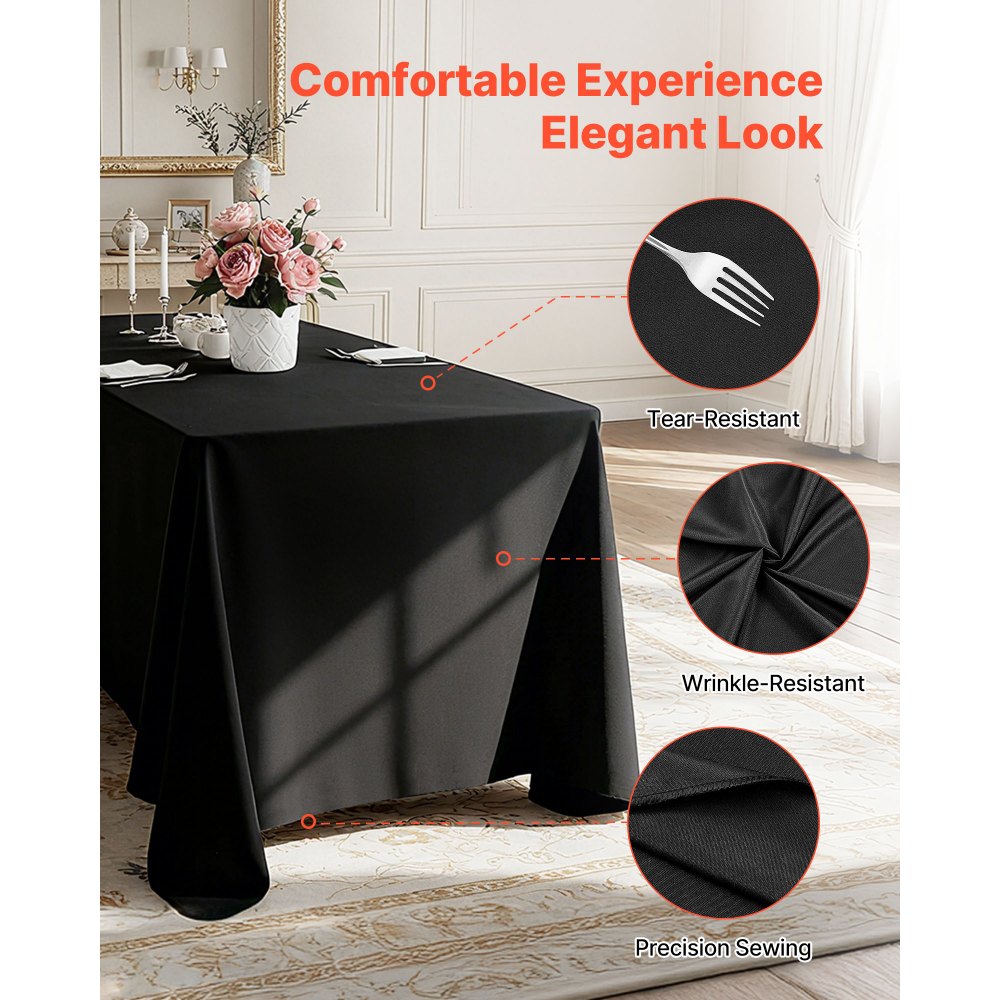 VEVOR Manteles Rectangulares, 1778 x 3048 mm, Reutilizables, Lavables a Máquina, de Tela 100% Poliéster, para Fiestas, Bodas, Banquetes o Cualquier Otra Decoración Festiva, Color Negro, 6 uds