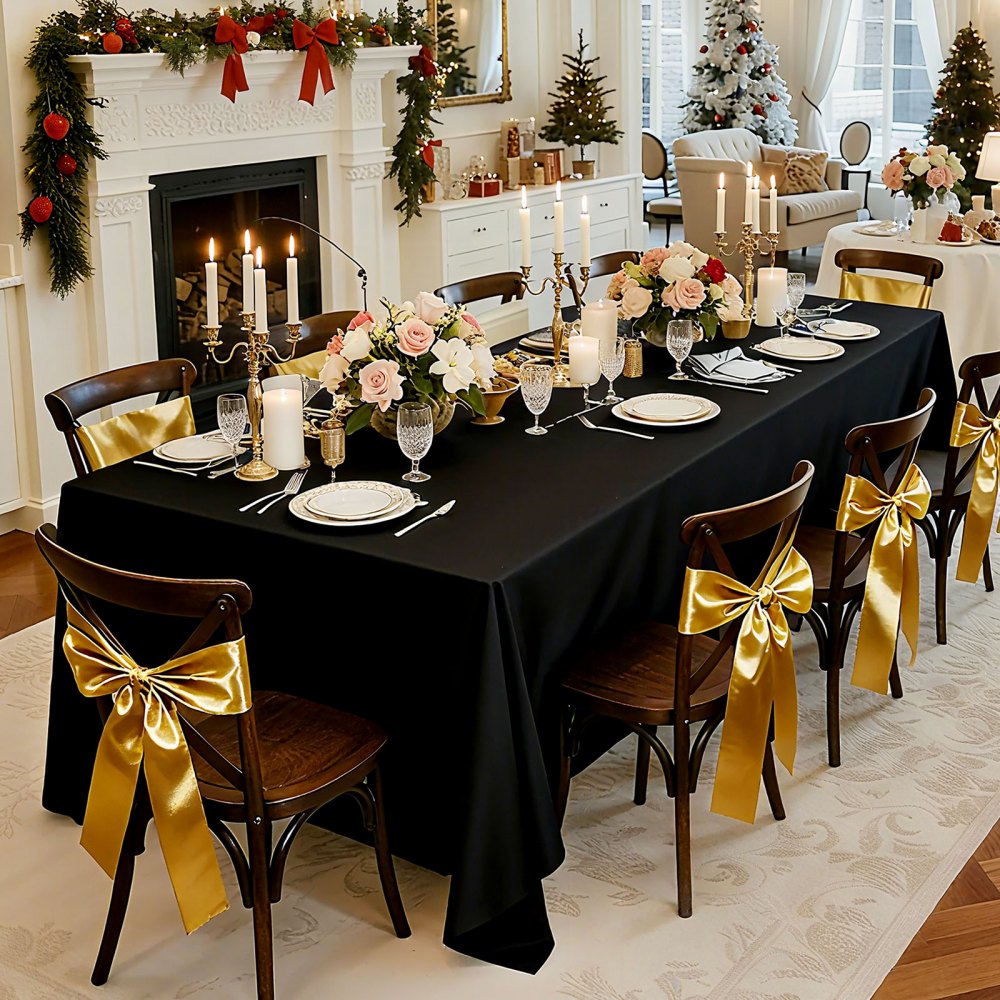 VEVOR Manteles Rectangulares, 1778 x 3048 mm, Reutilizables, Lavables a Máquina, de Tela 100% Poliéster, para Fiestas, Bodas, Banquetes o Cualquier Otra Decoración Festiva, Color Negro, 6 uds