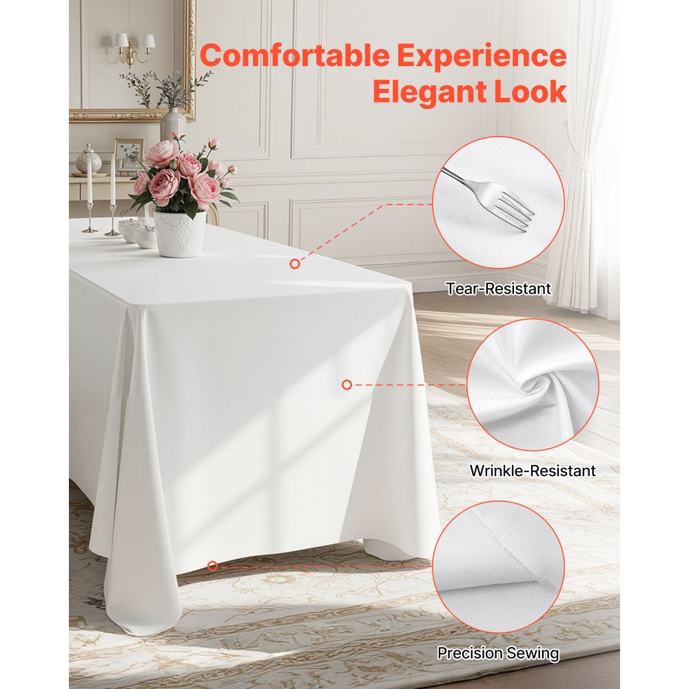 VEVOR Manteles Rectangulares, 1778 x 3048 mm, Reutilizables, Lavables a Máquina, de Tela 100% Poliéster, para Fiestas, Bodas, Banquetes o Cualquier Otra Decoración Festiva, Color Blanco, 6 uds