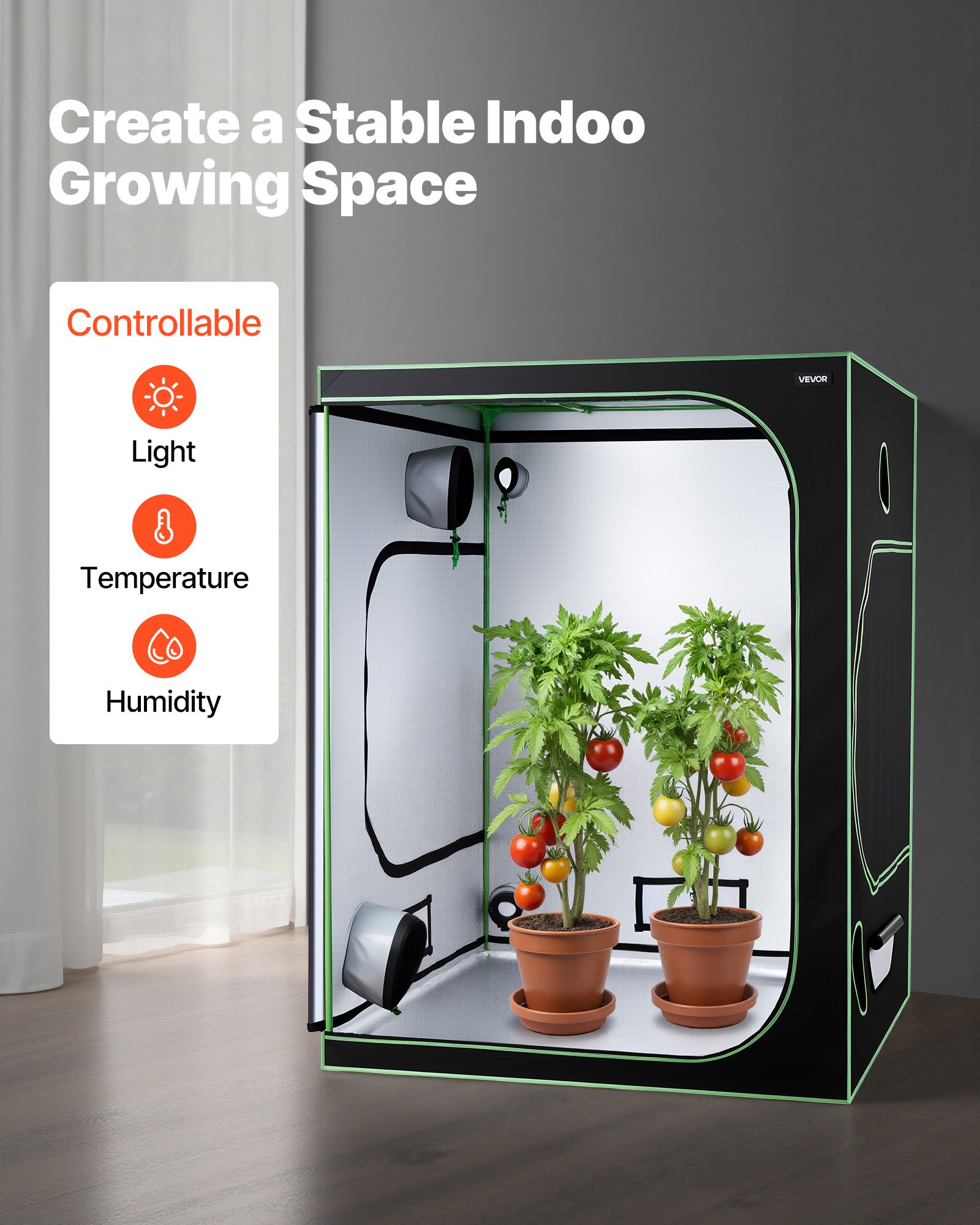 VEVOR Armario de Cultivo Interior 150x150x200 cm, Carpa de Cultivo con Ventana de Observación, Bandeja de Suelo y Cremallera, Mylar 600D de Alta Reflectancia, Tienda para Plantas, Flores, Verduras