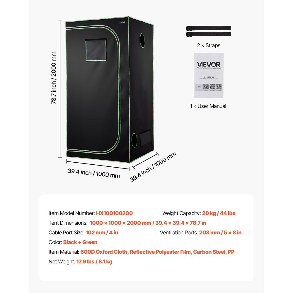 VEVOR Armario de Cultivo Interior 100x100x200 cm, Carpa de Cultivo con Ventana de Observación, Bandeja de Suelo y Cremallera, Mylar 600D de Alta Reflectancia, Tienda para Plantas, Flores, Verduras