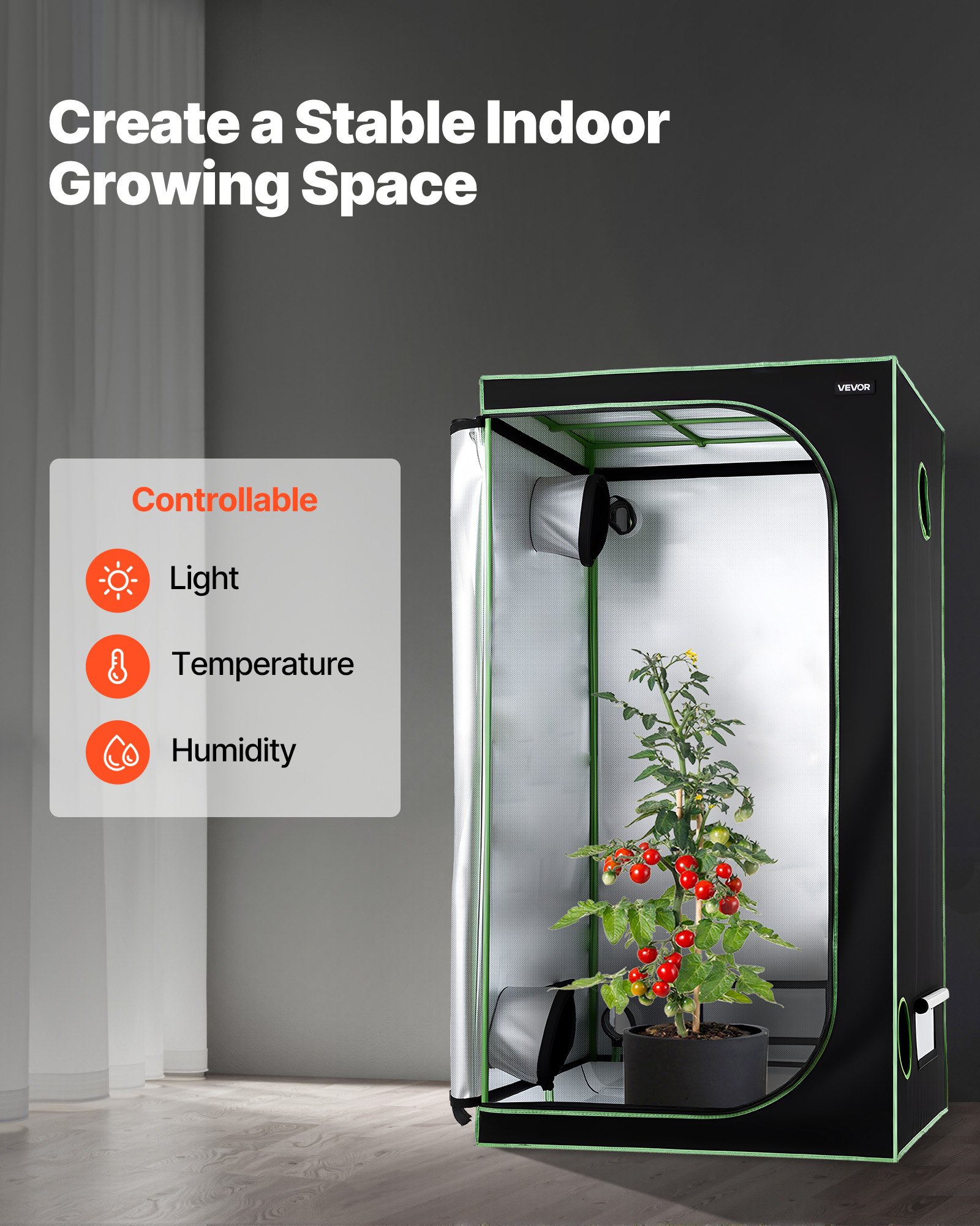 VEVOR Armario de Cultivo Interior 100x100x200 cm, Carpa de Cultivo con Ventana de Observación, Bandeja de Suelo y Cremallera, Mylar 600D de Alta Reflectancia, Tienda para Plantas, Flores, Verduras