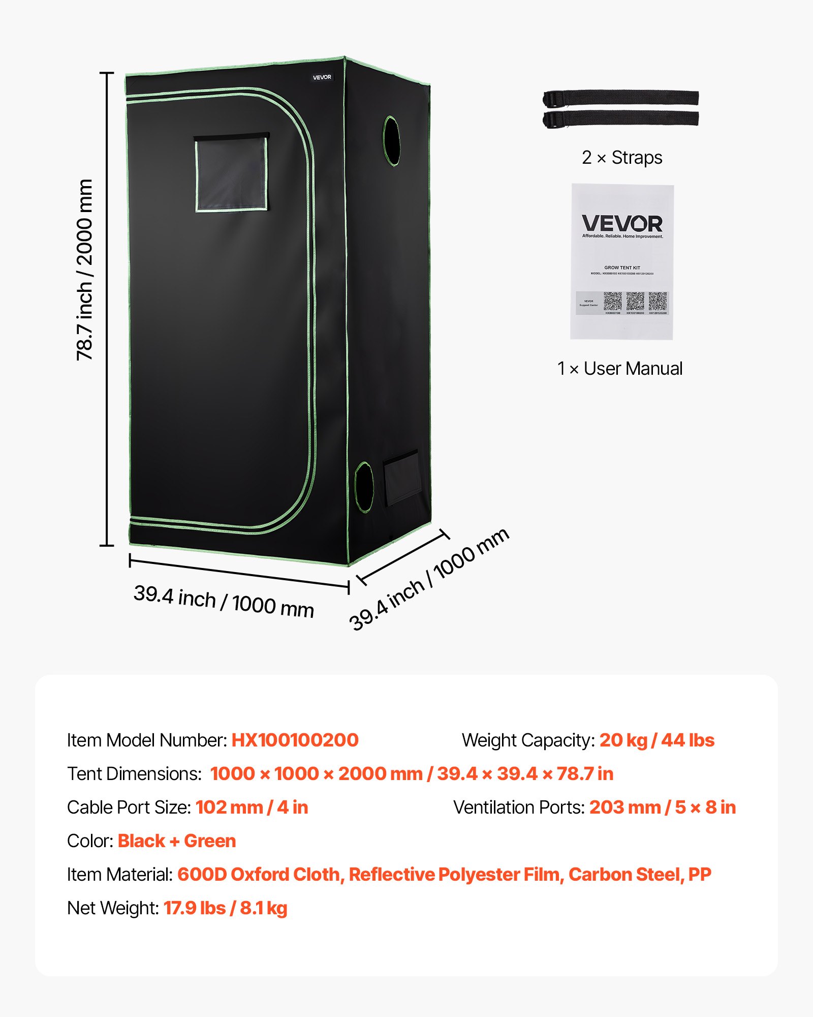 VEVOR Armario de Cultivo Interior 100x100x200 cm, Carpa de Cultivo con Ventana de Observación, Bandeja de Suelo y Cremallera, Mylar 600D de Alta Reflectancia, Tienda para Plantas, Flores, Verduras