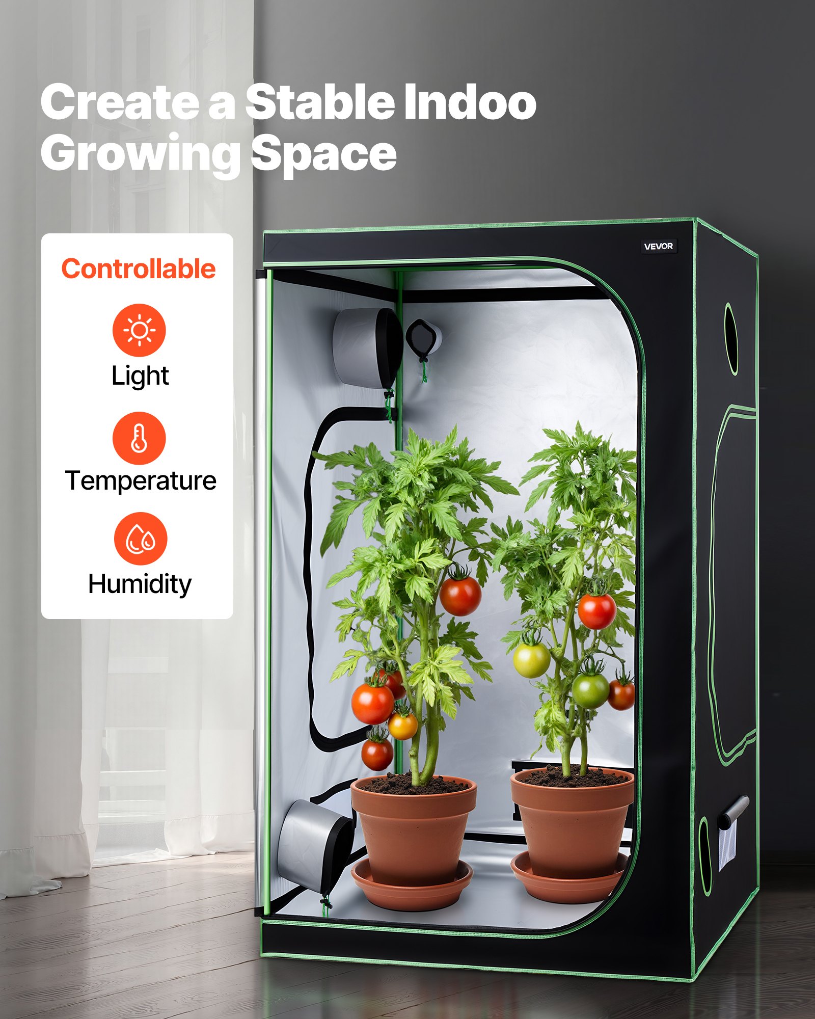 VEVOR Armario de Cultivo Interior 120x120x200 cm, Carpa de Cultivo con Ventana de Observación, Bandeja de Suelo y Cremallera, Mylar 600D de Alta Reflectancia, Tienda para Plantas, Flores, Verduras