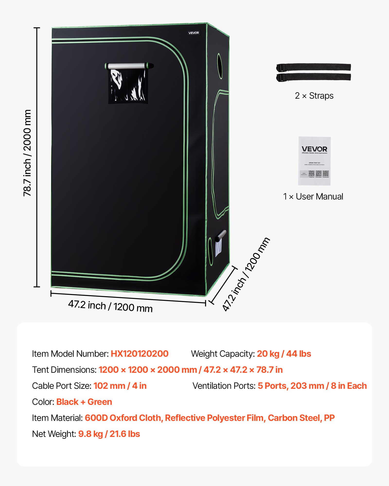 VEVOR Armario de Cultivo Interior 120x120x200 cm, Carpa de Cultivo con Ventana de Observación, Bandeja de Suelo y Cremallera, Mylar 600D de Alta Reflectancia, Tienda para Plantas, Flores, Verduras