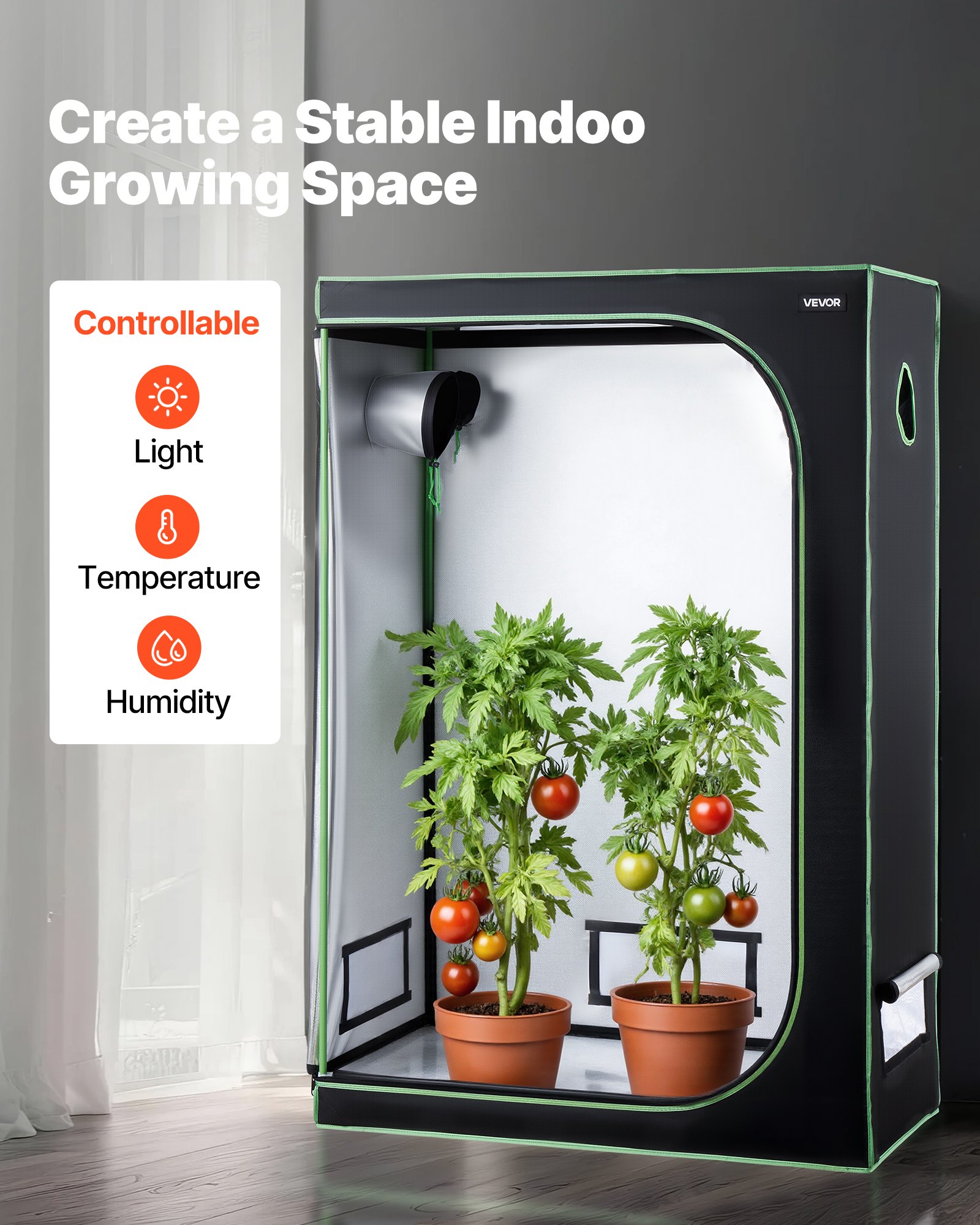 VEVOR Armario de Cultivo Interior 120x60x180 cm, Carpa de Cultivo con Ventana de Observación, Bandeja de Suelo y Cremallera, Mylar 600D de Alta Reflectancia, Tienda para Plantas, Flores, Verduras