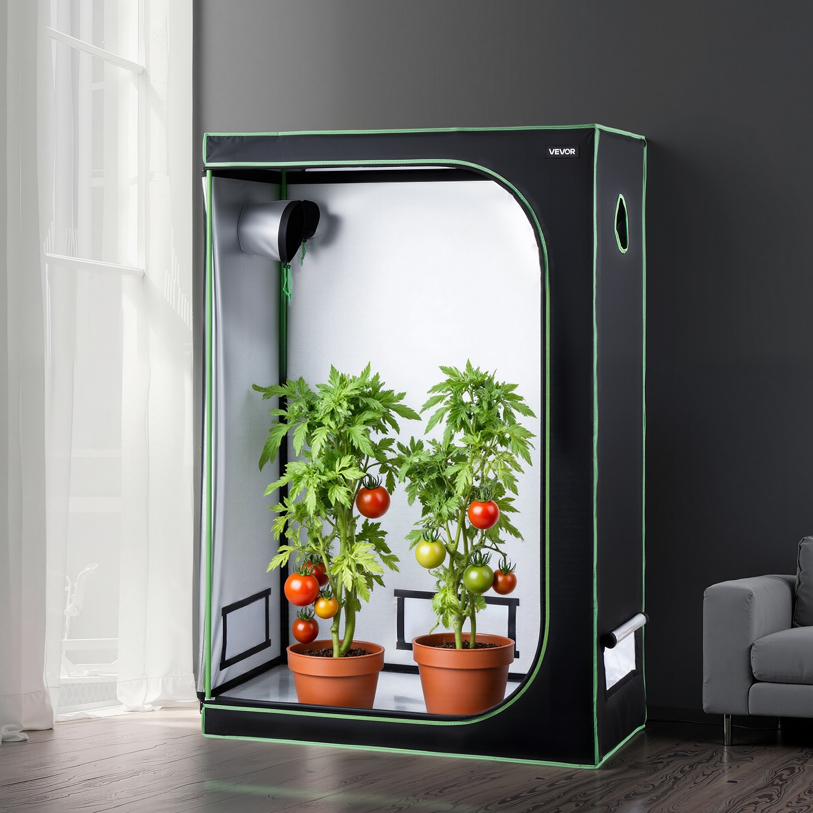 VEVOR Armario de Cultivo Interior 120x60x180 cm, Carpa de Cultivo con Ventana de Observación, Bandeja de Suelo y Cremallera, Mylar 600D de Alta Reflectancia, Tienda para Plantas, Flores, Verduras