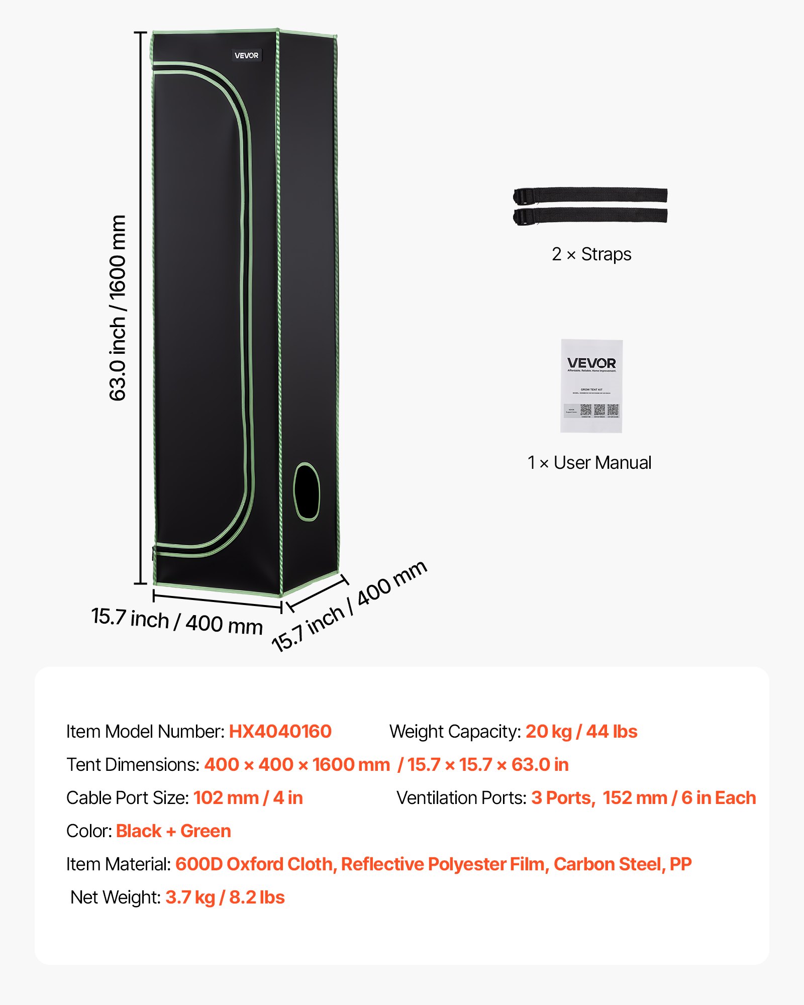 VEVOR Armario de Cultivo Interior 40x40x160 cm, Carpa de Cultivo con Ventana de Observación, Bandeja de Suelo y Cremallera, Mylar 600D de Alta Reflectancia, Tienda para Plantas, Flores, Verduras