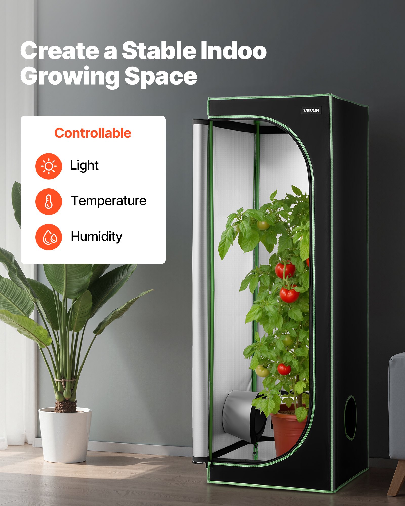 VEVOR Armario de Cultivo Interior 60x60x180 cm, Carpa de Cultivo con Ventana de Observación, Bandeja de Suelo y Cremallera, Mylar 600D de Alta Reflectancia, Tienda para Plantas, Flores, Verduras