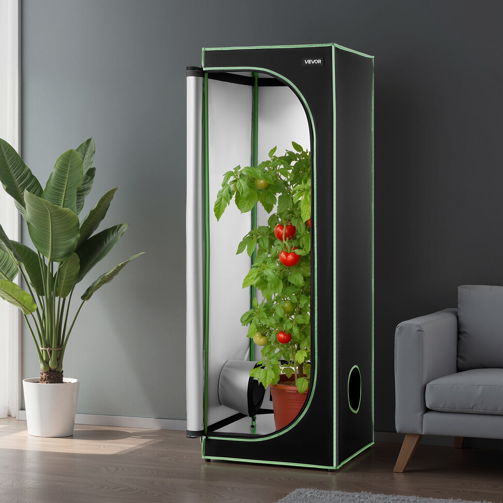 VEVOR Armario de Cultivo Interior 60x60x180 cm, Carpa de Cultivo con Ventana de Observación, Bandeja de Suelo y Cremallera, Mylar 600D de Alta Reflectancia, Tienda para Plantas, Flores, Verduras