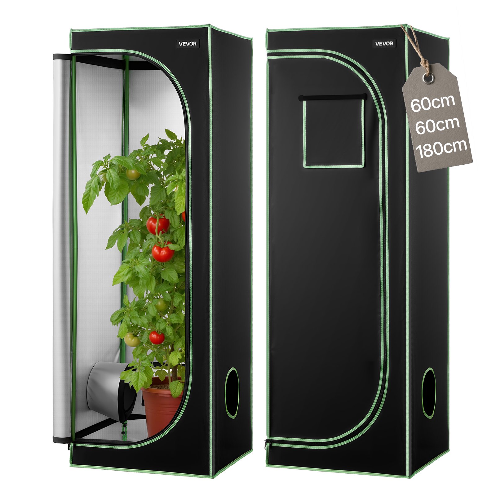 VEVOR Armario de Cultivo Interior 60x60x180 cm, Carpa de Cultivo con Ventana de Observación, Bandeja de Suelo y Cremallera, Mylar 600D de Alta Reflectancia, Tienda para Plantas, Flores, Verduras