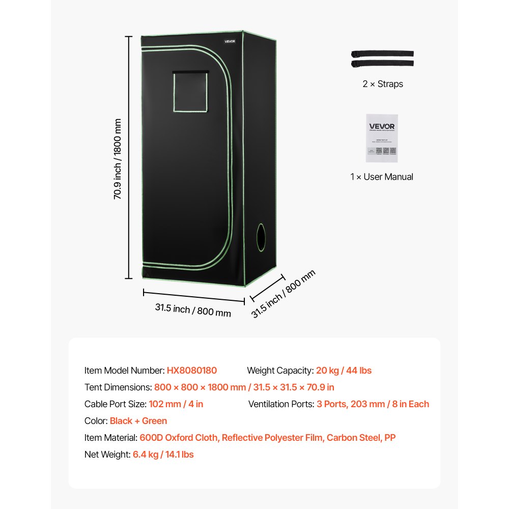 VEVOR Armario de Cultivo Interior 80 x 80 x 180 cm, Carpa de Cultivo con Ventana de Observación, Bandeja de Suelo y Cremallera, Mylar 600D de Alta Reflectancia, Tienda para Plantas, Flores, Verduras