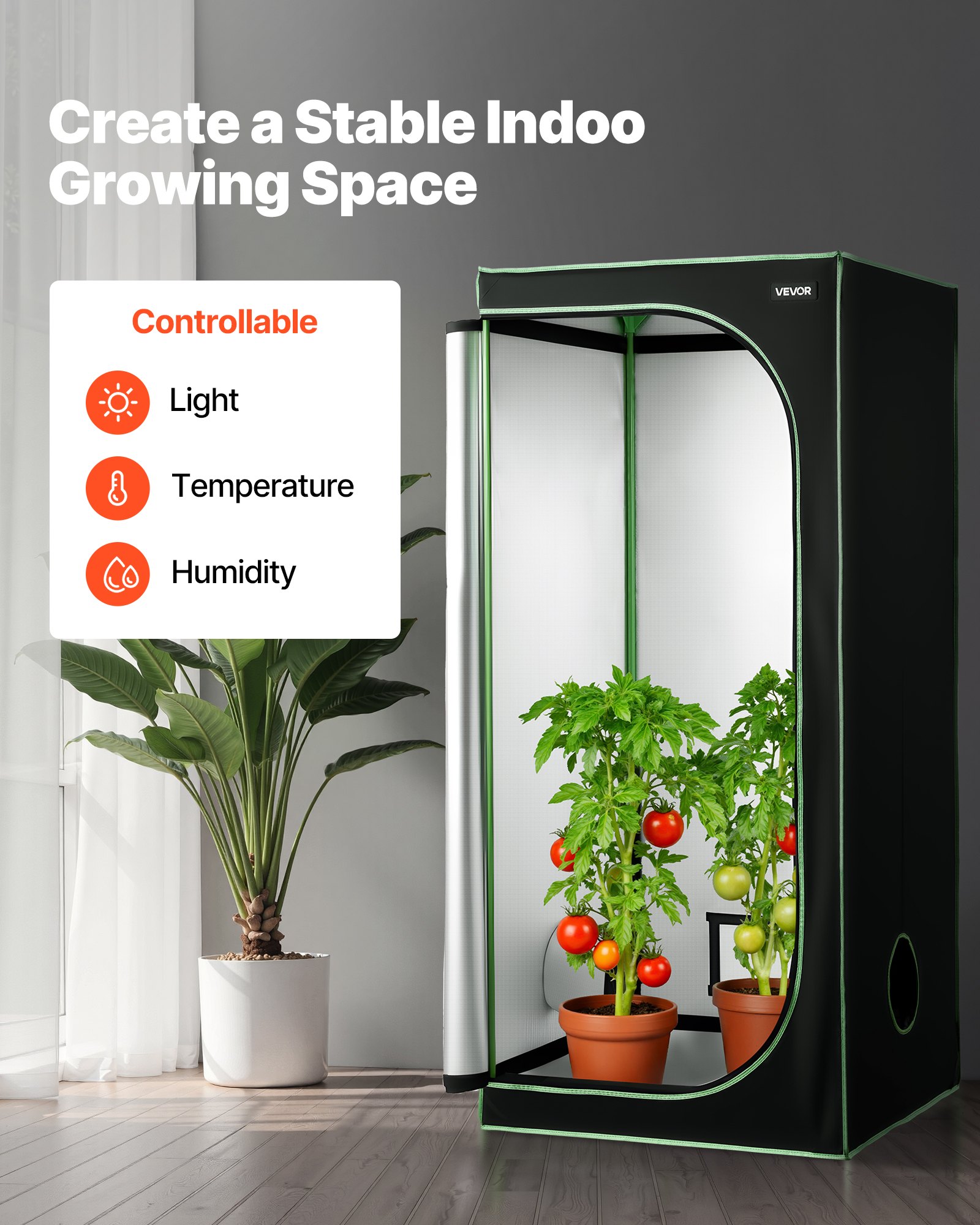 VEVOR Armario de Cultivo Interior 80 x 80 x 180 cm, Carpa de Cultivo con Ventana de Observación, Bandeja de Suelo y Cremallera, Mylar 600D de Alta Reflectancia, Tienda para Plantas, Flores, Verduras