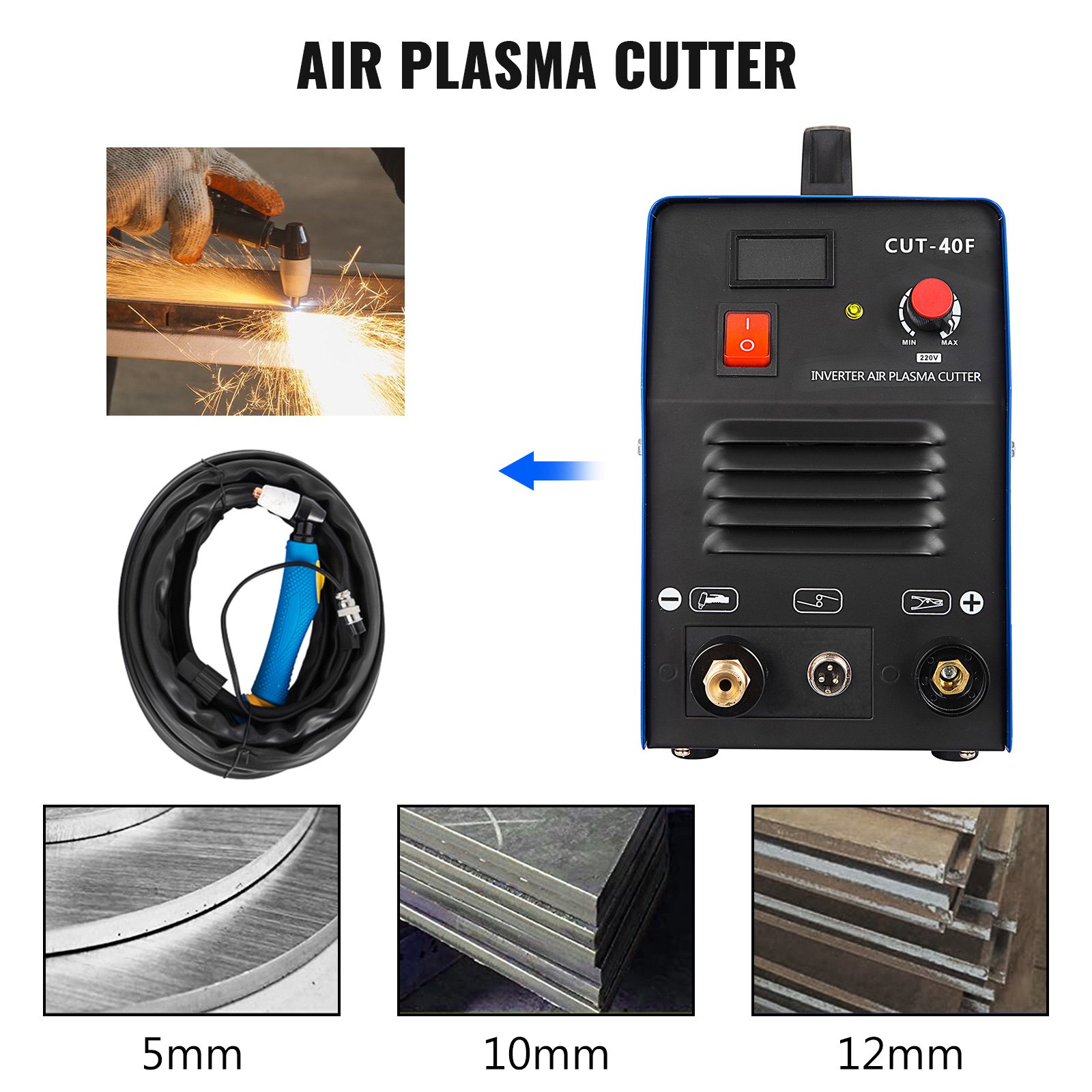 VEVOR Cortador de Plasma Portátil CUT40F 40A 230V Inversor de Máquina de Corte 12MM Ciclo de Trabajo 60% Máquina de Corte por Plasma de Aire Alta Frecuencia con Pantalla LCD y Accesorios Herramientas