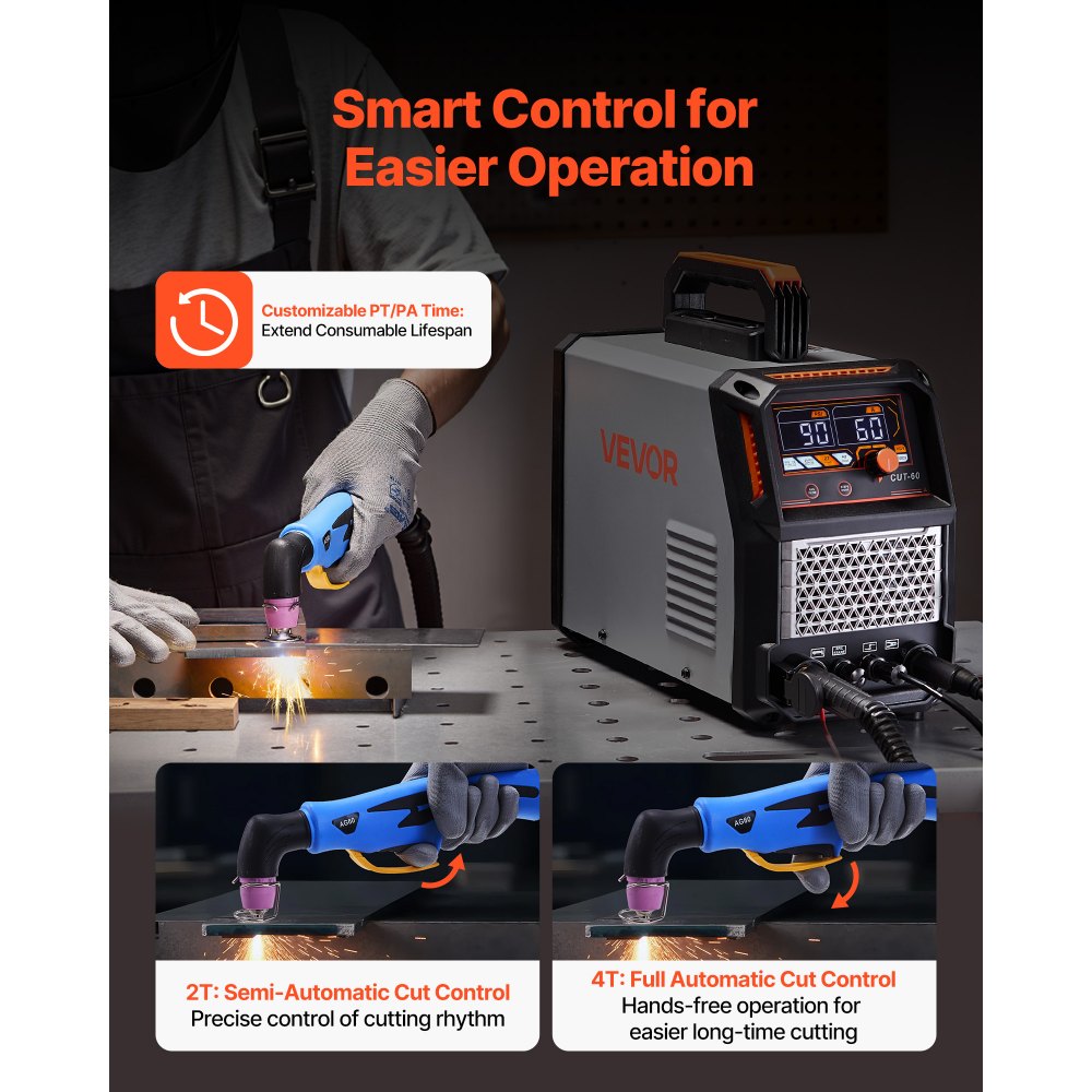 VEVOR Cortadora de Plasma 60 A Máquina de Corte por Plasma de Arco Piloto sin Contacto, Inversor IGBT con Pantalla Digital, Función 2T/4T y Tiempo PA/PT, Fuente de Alimentación Trifásica de 400 V