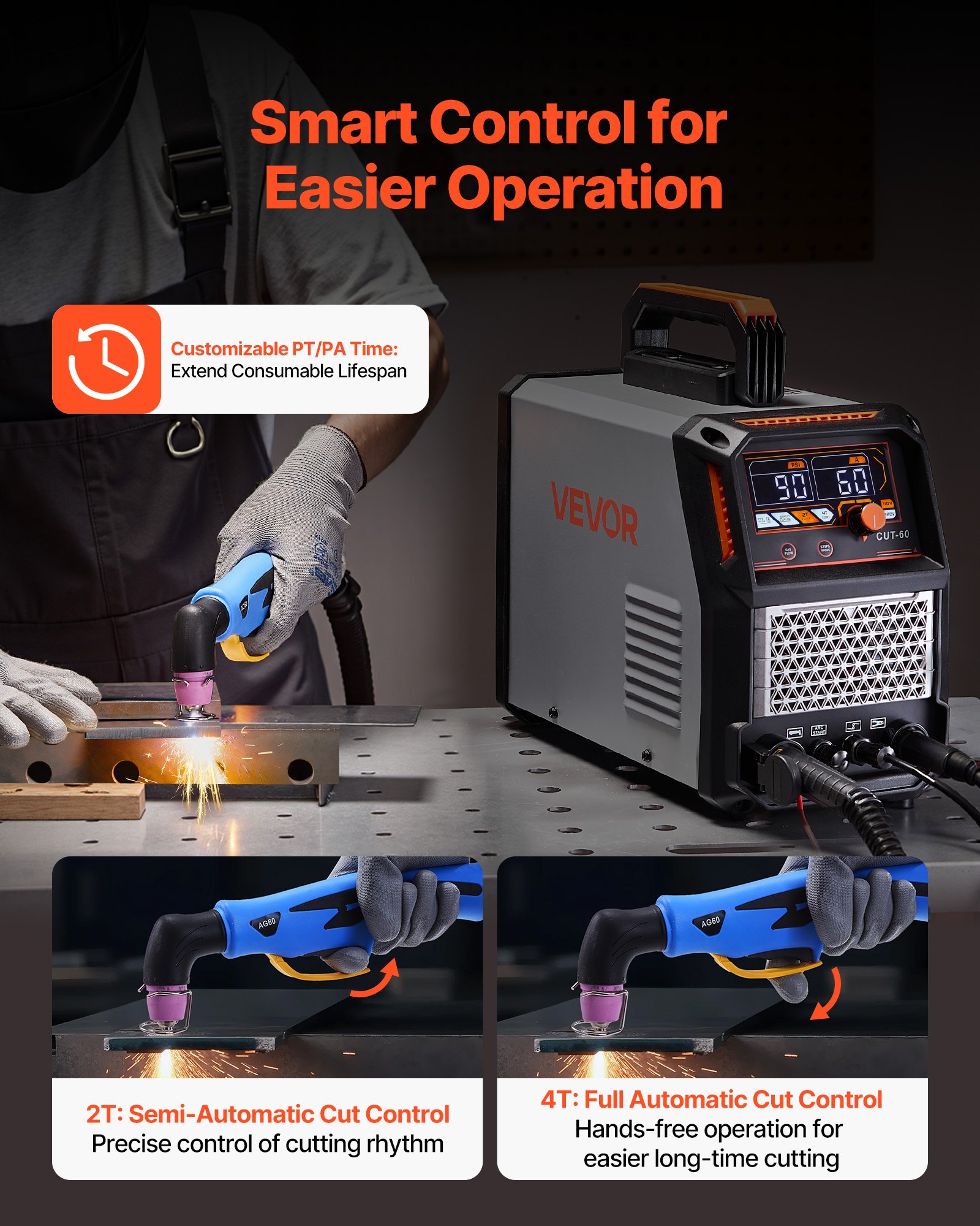 VEVOR Cortadora de Plasma 60 A Máquina de Corte por Plasma de Arco Piloto sin Contacto, Inversor IGBT con Pantalla Digital, Función 2T/4T y Tiempo PA/PT, Fuente de Alimentación Trifásica de 400 V