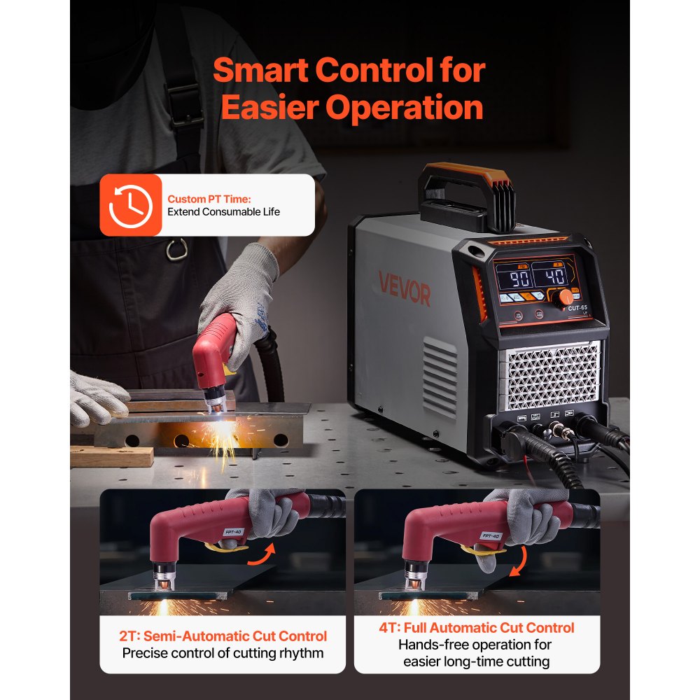 VEVOR Cortadora de Plasma 65 A Máquina de Corte por Plasma de Arco Piloto sin Contacto, sin Alta Frecuencia, con Función 2T/4T y Tiempo de PT Ajustable, Pantalla Digital, Inversor IGBT para Garaje