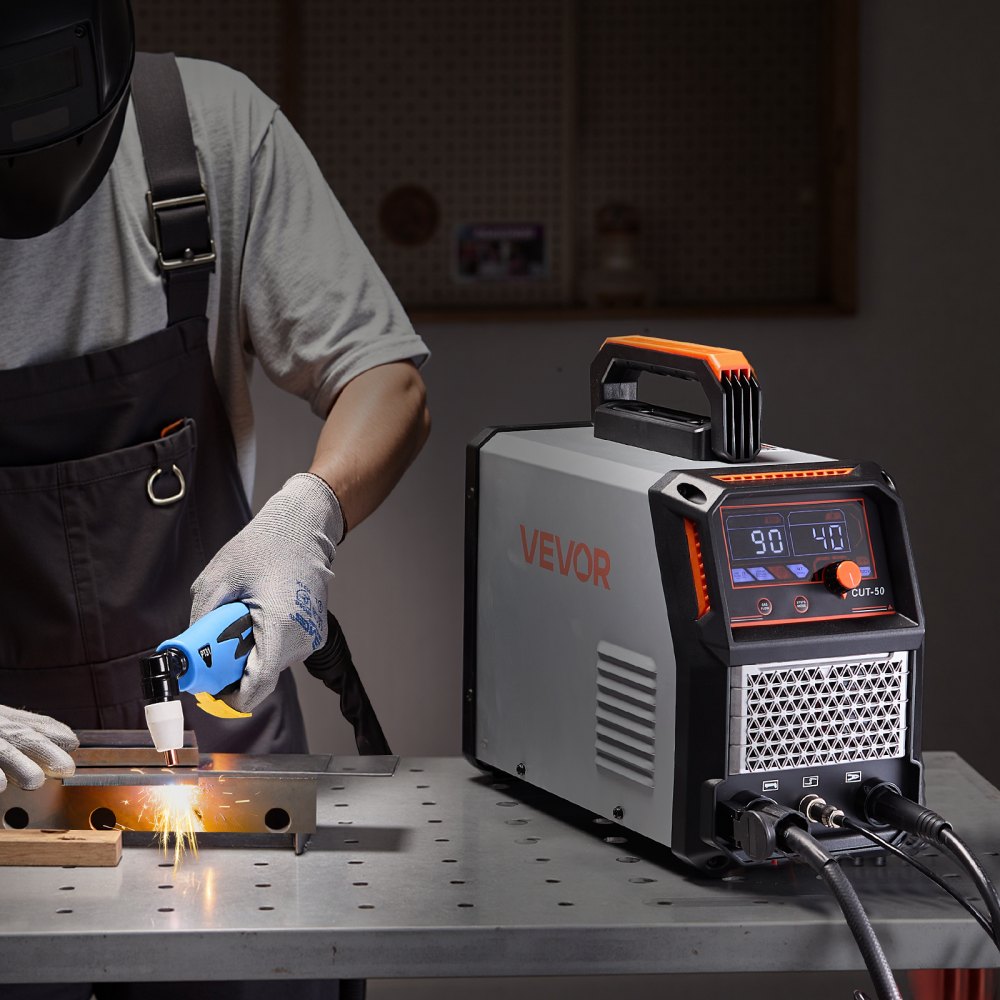 VEVOR Cortadora de Plasma de 50 A y 220 V con Inversor IGBT y Pantalla Digital, Control Inteligente, Función 2T/4T y Tiempo PA/PT Ajustable para Reparaciones Domésticas y Talleres para Garajes