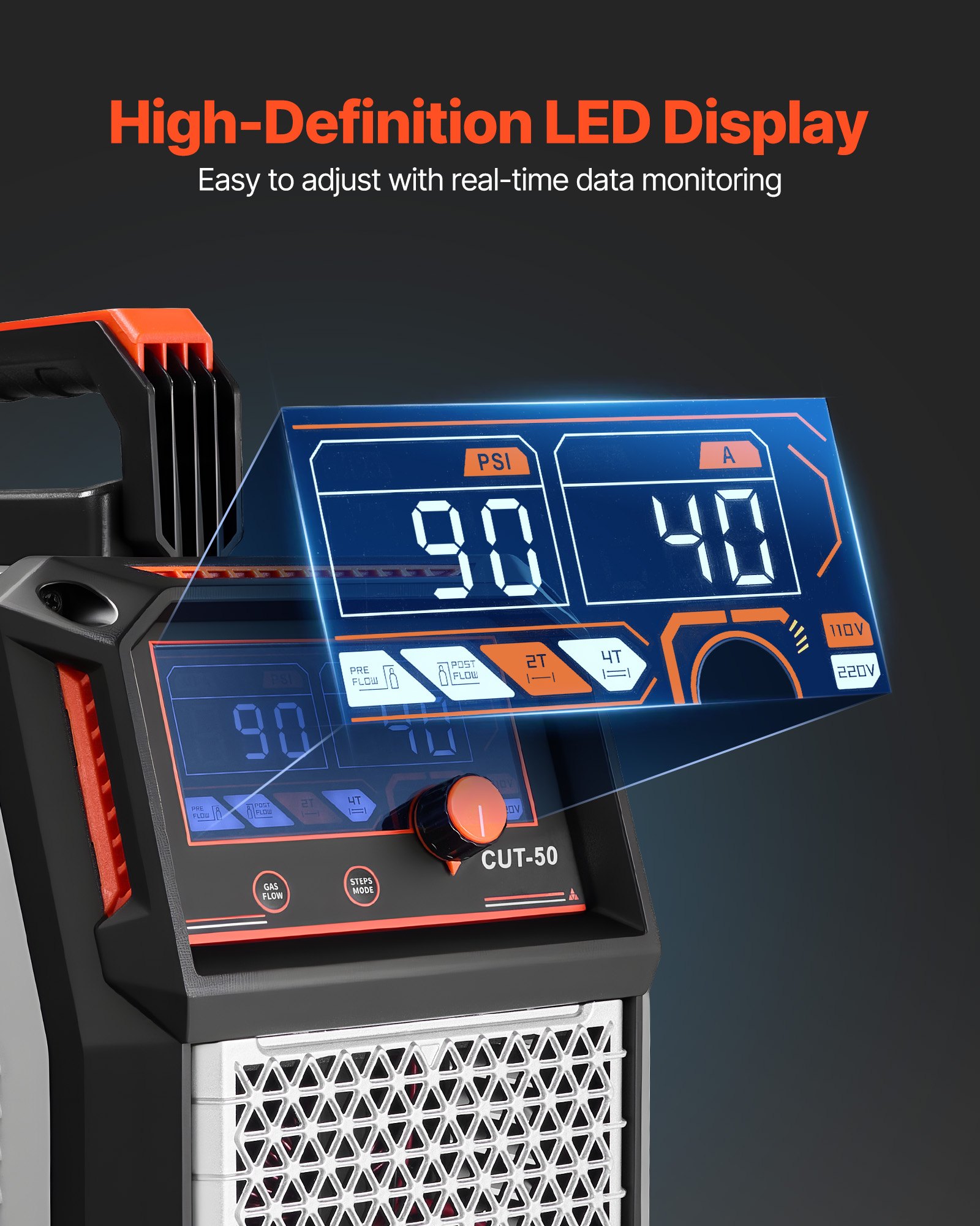 VEVOR Cortadora de Plasma de 50 A y 220 V con Inversor IGBT y Pantalla Digital, Control Inteligente, Función 2T/4T y Tiempo PA/PT Ajustable para Reparaciones Domésticas y Talleres para Garajes