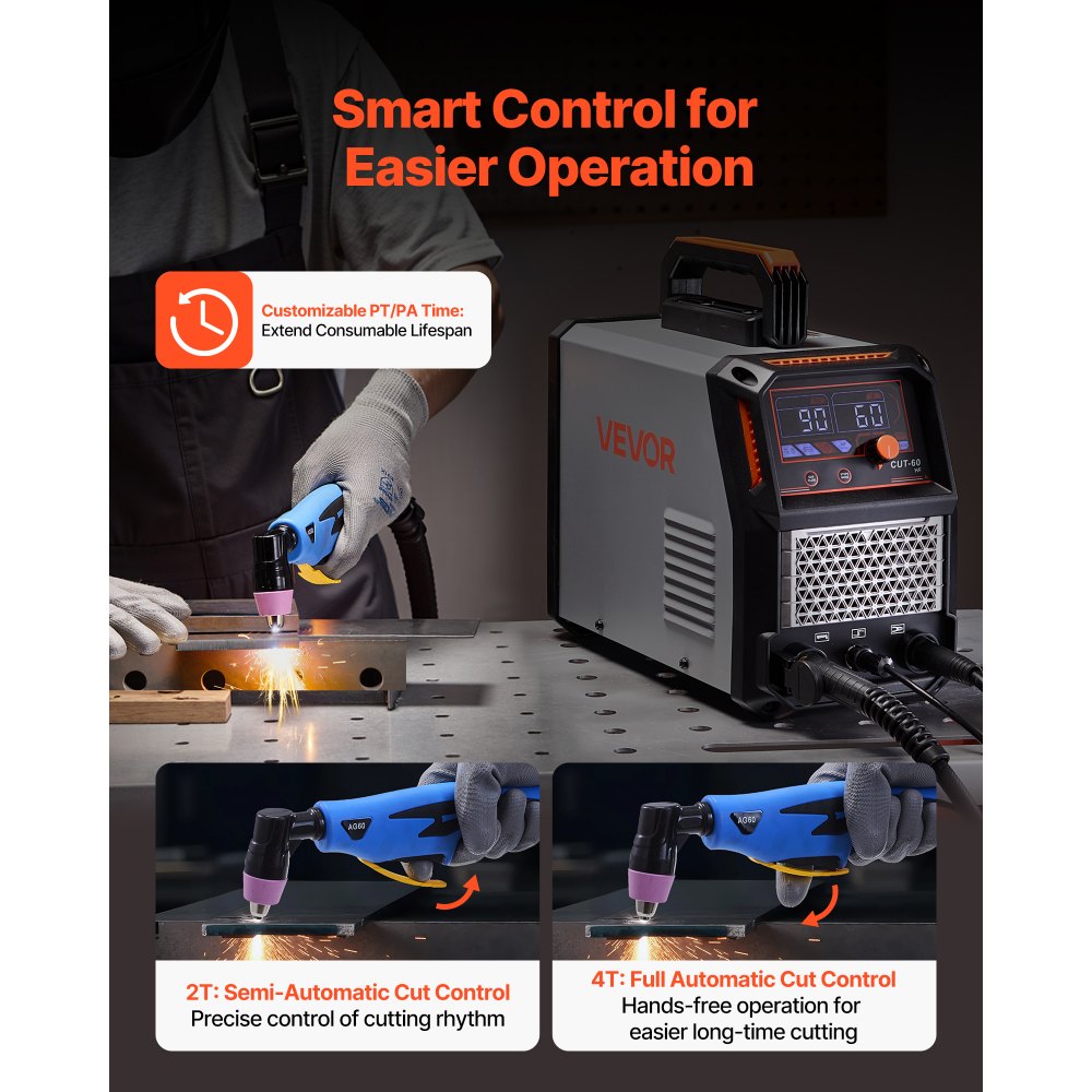 VEVOR Cortadora de Plasma 60 A Máquina de Corte por Plasma con Inversor IGBT, Pantalla Digital, Función 2T/4T y Tiempo PA/PT Ajustable para Reparaciones Domésticas, Alimentación Trifásica de 400 V
