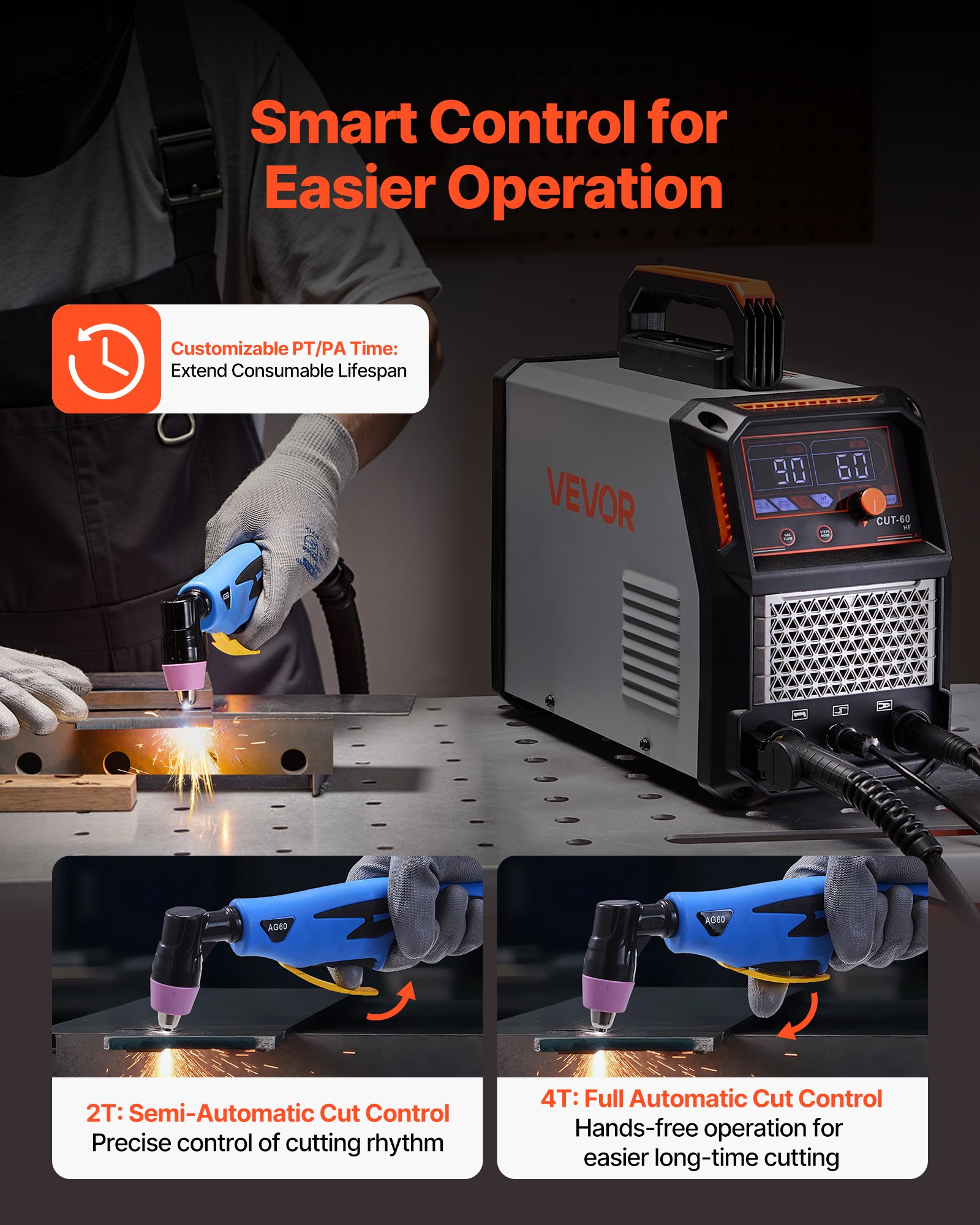 VEVOR Cortadora de Plasma 60 A Máquina de Corte por Plasma con Inversor IGBT, Pantalla Digital, Función 2T/4T y Tiempo PA/PT Ajustable para Reparaciones Domésticas, Alimentación Trifásica de 400 V