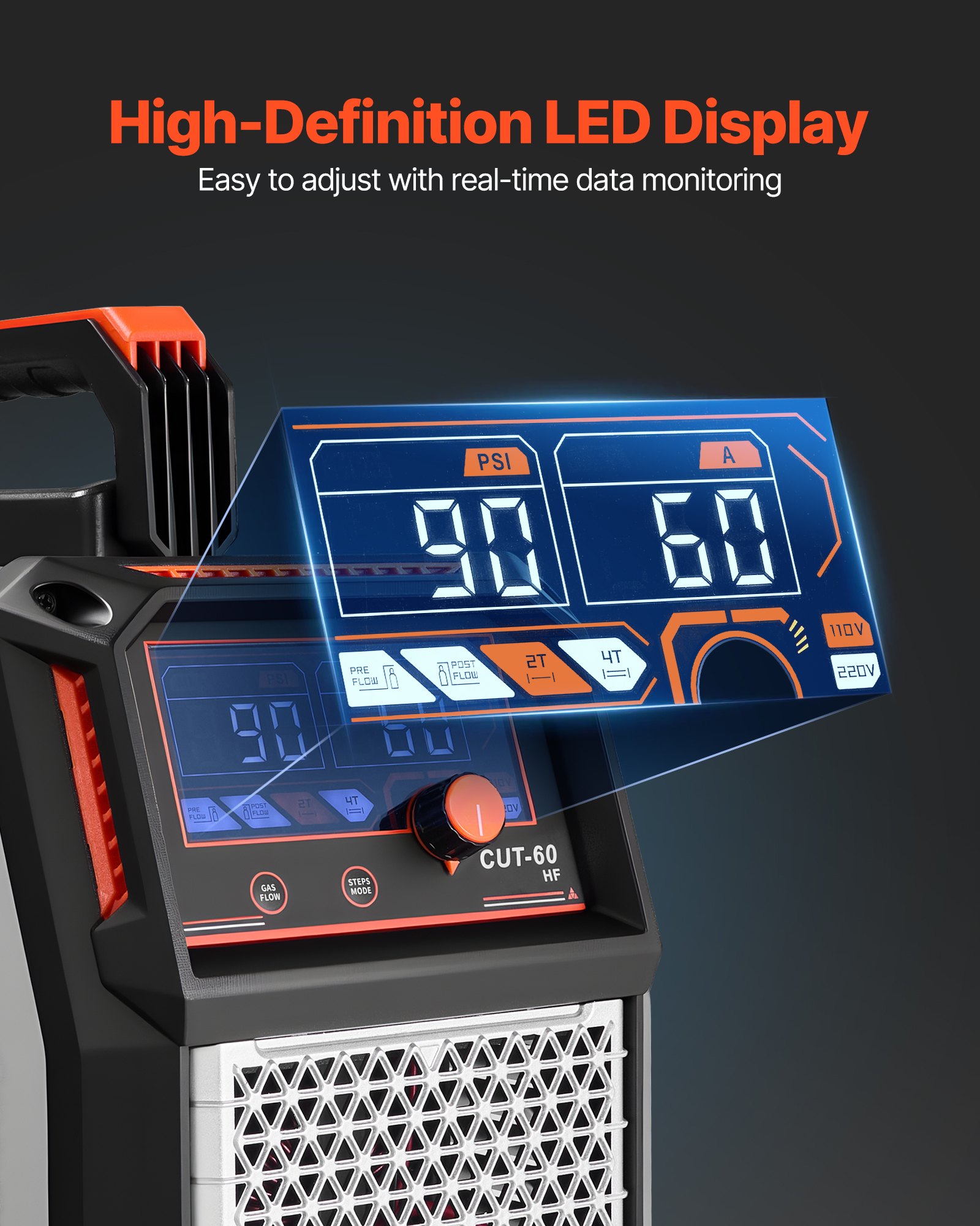 VEVOR Cortadora de Plasma 60 A Máquina de Corte por Plasma con Inversor IGBT, Pantalla Digital, Función 2T/4T y Tiempo PA/PT Ajustable para Reparaciones Domésticas, Alimentación Trifásica de 400 V