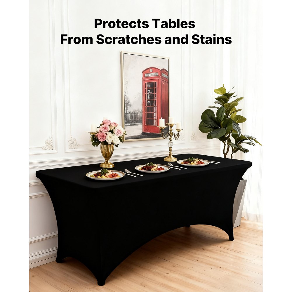 VEVOR Manteles Rectangulares de Licra Elástica para Mesas, Lavables y Antiarrugas,  95 % Poliéster y 5 % Elastano, para Fiestas, Bodas, Banquetes y Festivales, Negro, 3 uds, 183 x 76 x 76 cm