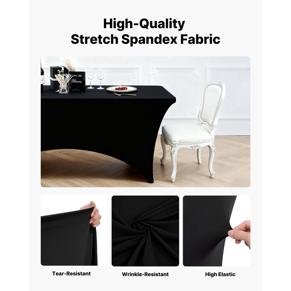 VEVOR Manteles Rectangulares de Licra Elástica para Mesas, Lavables y Antiarrugas,  95 % Poliéster y 5 % Elastano, para Fiestas, Bodas, Banquetes y Festivales, Negro, 3 uds, 183 x 76 x 76 cm