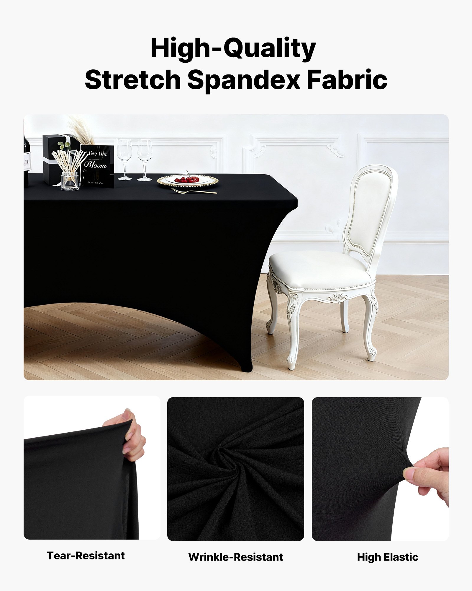 VEVOR Manteles Rectangulares de Licra Elástica para Mesas, Lavables y Antiarrugas,  95 % Poliéster y 5 % Elastano, para Fiestas, Bodas, Banquetes y Festivales, Negro, 3 uds, 183 x 76 x 76 cm