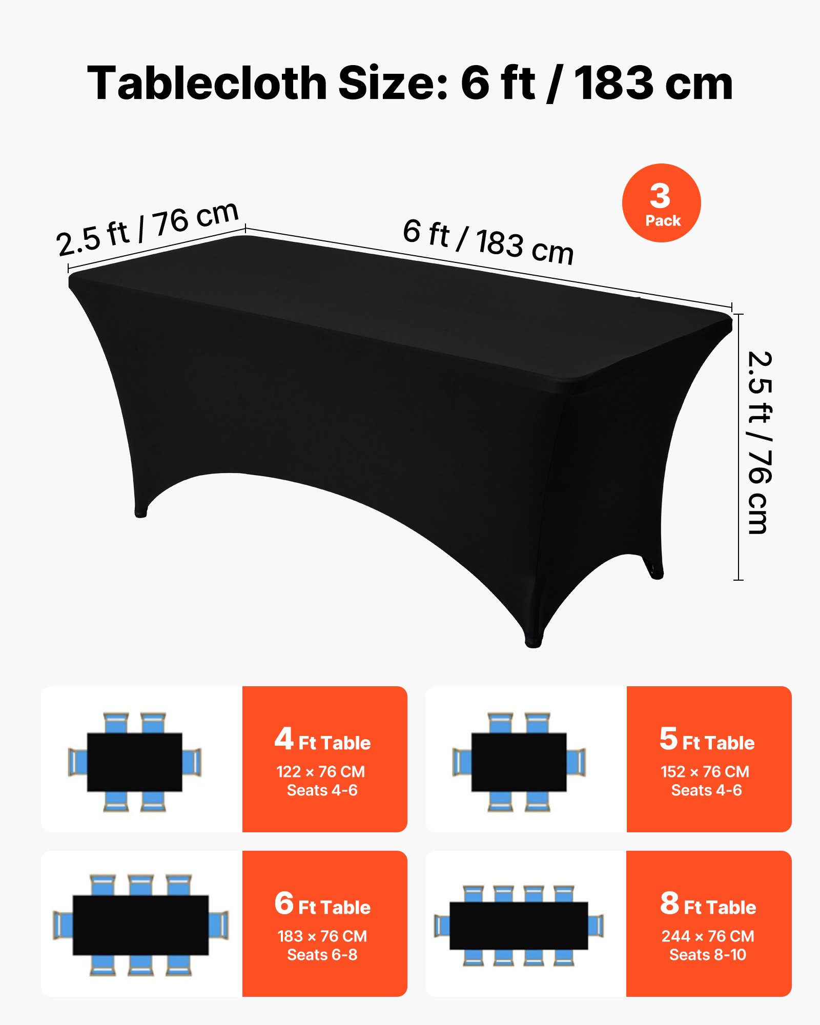 VEVOR Manteles Rectangulares de Licra Elástica para Mesas, Lavables y Antiarrugas,  95 % Poliéster y 5 % Elastano, para Fiestas, Bodas, Banquetes y Festivales, Negro, 3 uds, 183 x 76 x 76 cm