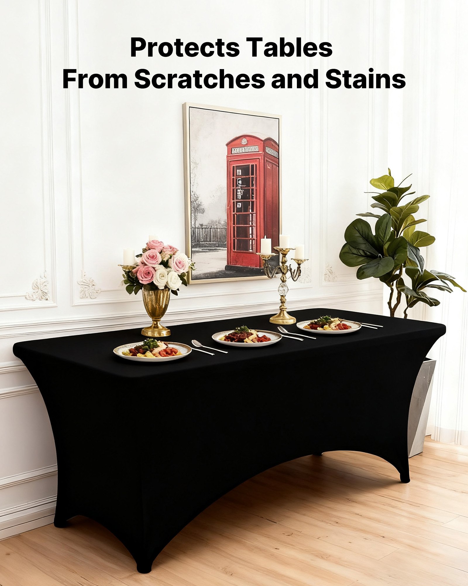 VEVOR Manteles Rectangulares de Licra Elástica para Mesas, Lavables y Antiarrugas,  95 % Poliéster y 5 % Elastano, para Fiestas, Bodas, Banquetes y Festivales, Negro, 6 uds, 183 x 76 x 76 cm