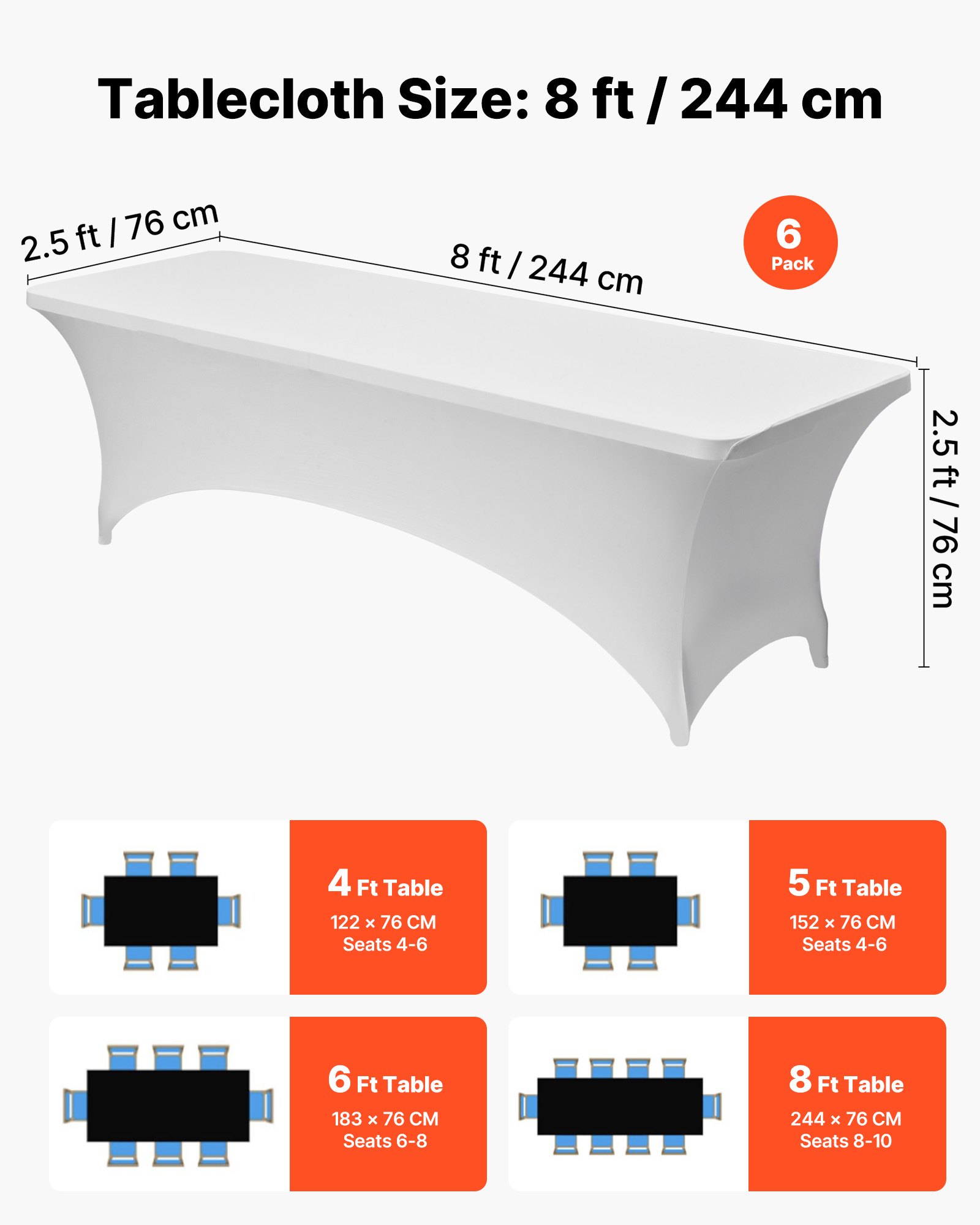 VEVOR Manteles Rectangulares de Licra Elástica para Mesas, Lavables y Antiarrugas,  95 % Poliéster y 5 % Elastano, para Fiestas, Bodas, Banquetes y Festivales, Blanco, 6 uds, 244 x 76 x 76 cm