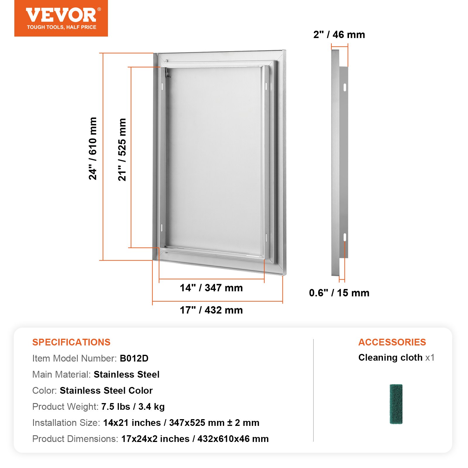 VEVOR Puerta de Acceso a Barbacoa Puerta de Cocina Exterior Simple de 432x610 mm Puerta Empotrada de Acero Inoxidable con Manija Empotrada para Isla de Barbacoa Estación de Parrilla Armario Exterior